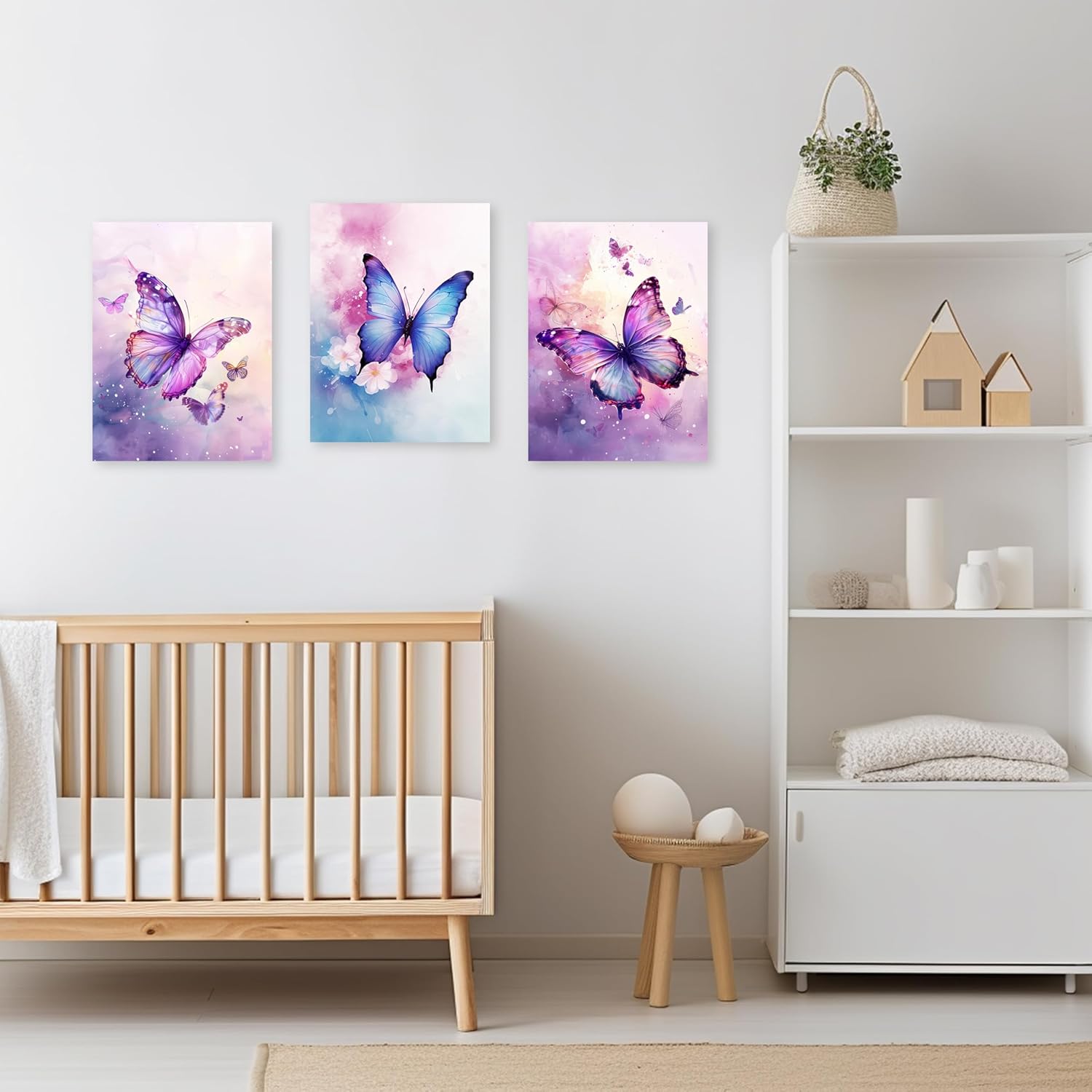 ARTZGX 3 Piece Purple Butterfly Canvas Wall Art Butterfly Pictures Wall Decor Watercolor Painting for Girls Room Decor Frame(Pink 12x16inchx3P (30x40cmx3P))