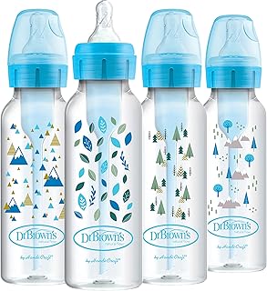 Dr. Brownâ€™s Anti-Colic Options+ Baby Bottles, Narrow, Blue Nature Designs, 8oz, 4 Pack