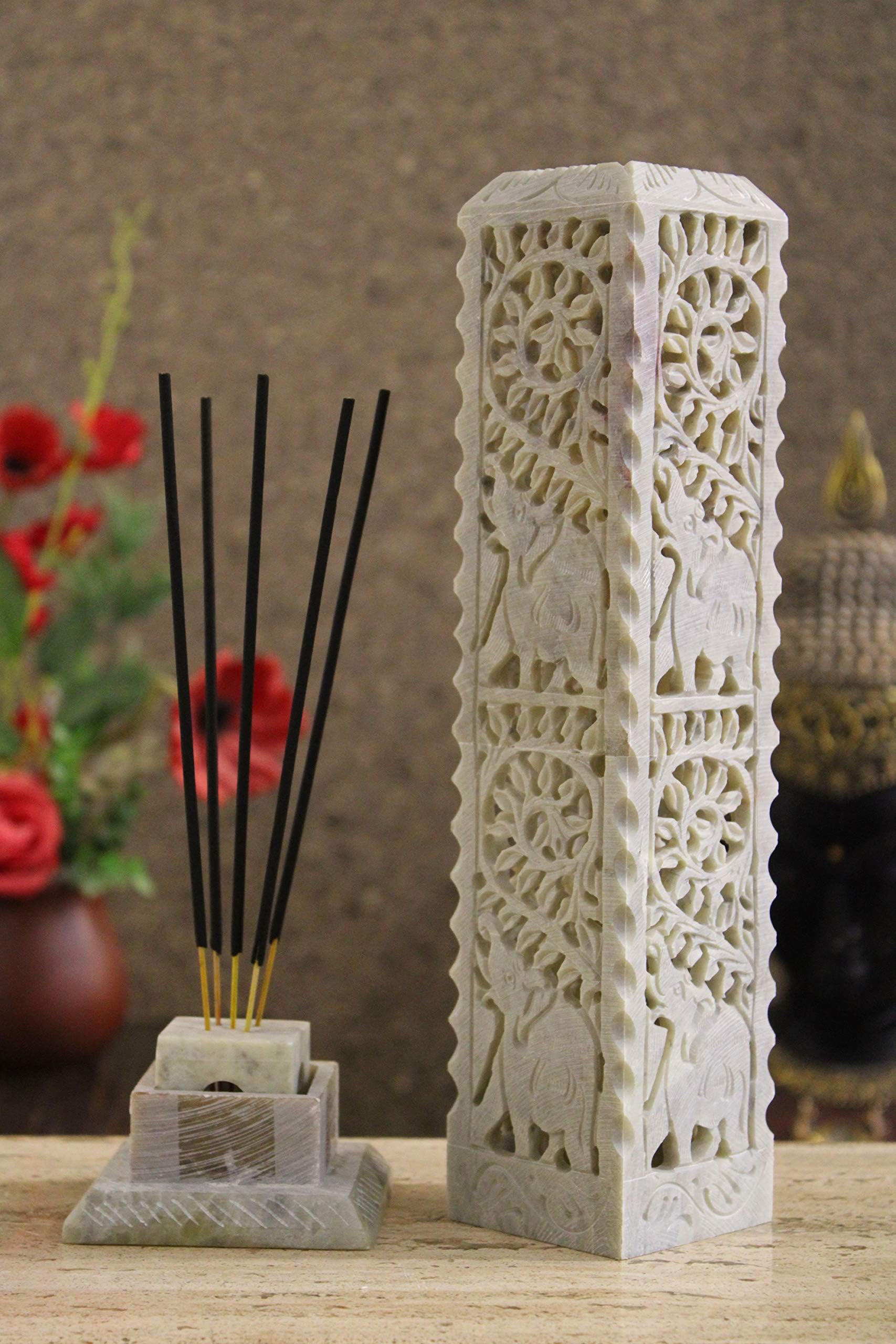 Handmade Marble Soapstone Incense Stick Burner | Dhoop Batti Stand | Candle Holder | Tea Light Burner - Jaali Carving | Decorative Home and Kitchen Decor (3 x 3 x 11 Inches) (Pack of 1)