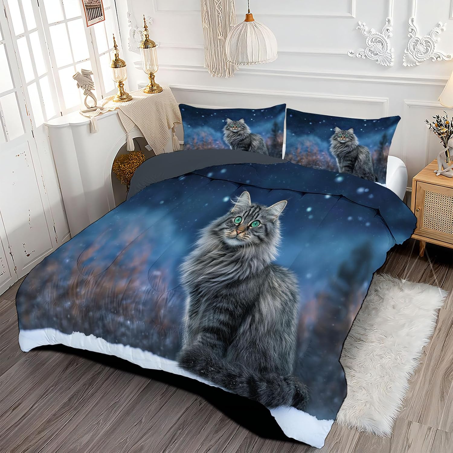 Kids 80" x 90" Coverless Duvet for All Seasons, Reversible Washable 3 Pcs Quilt with Winter Snow Scene Patterns, Blue Comforter with 2 Pillowcases 50x75cm, Full