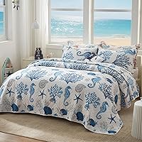 Vista 2 de LEAONME Coastal Quilt Set Full/Queen Size - Lightweight Microfiber Reversible Bedspread, 90''x98'', Sea Blue, Includes 2 Shams