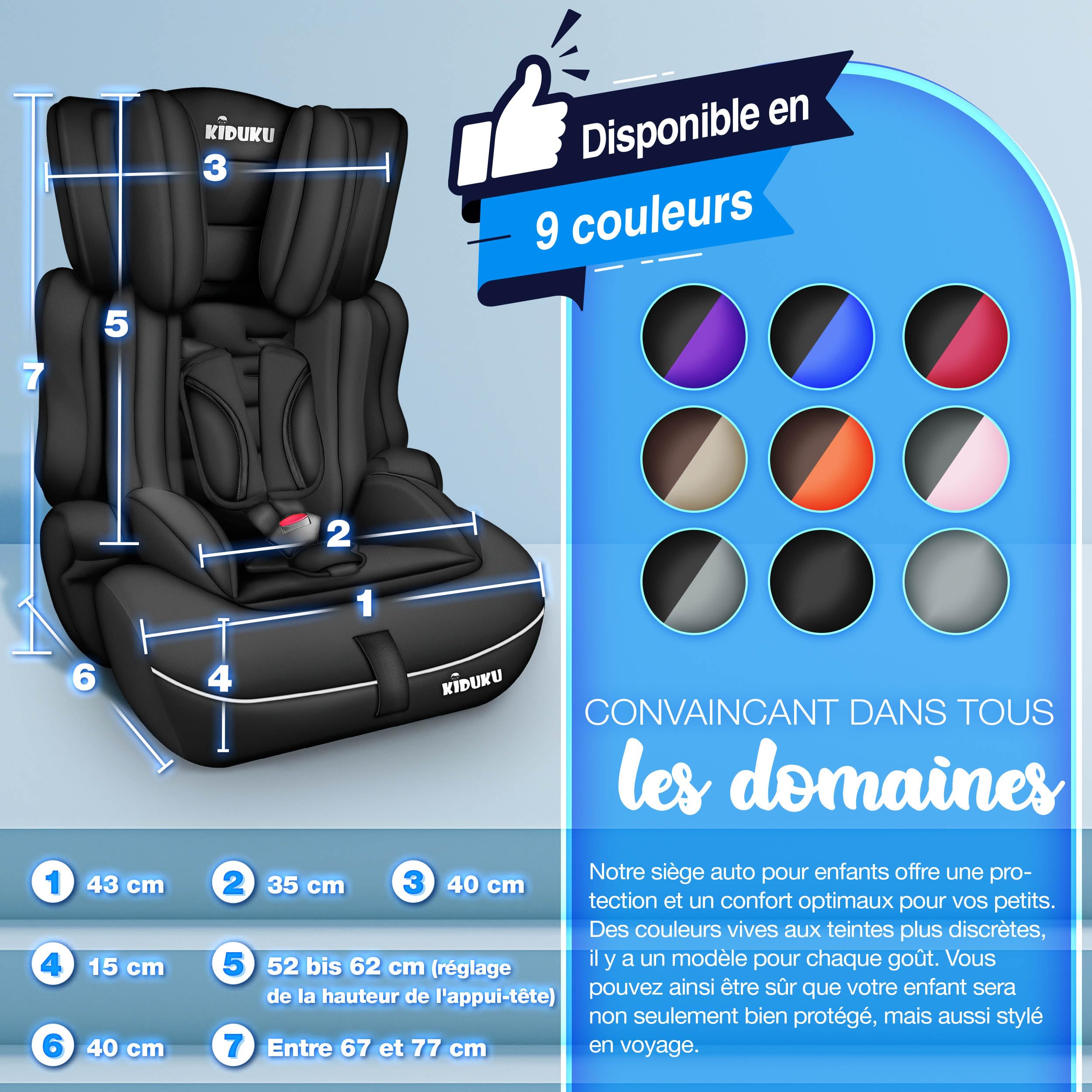 KIDUKU® Siège auto pour enfants avec Protection, évoluant avec la croissance, Norme ECE R129/03, de 9 kg à 36 kg (de 1 à 12 ans), Groupe 1 + 2 + 3 (Noir)