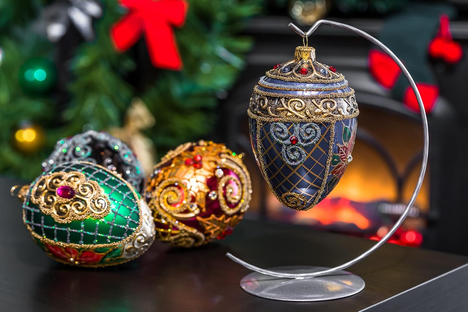 Emerald Green Fabergé Egg 5-Inch Blown Glass Christmas Tree Ornament Red Poinsettia in Green