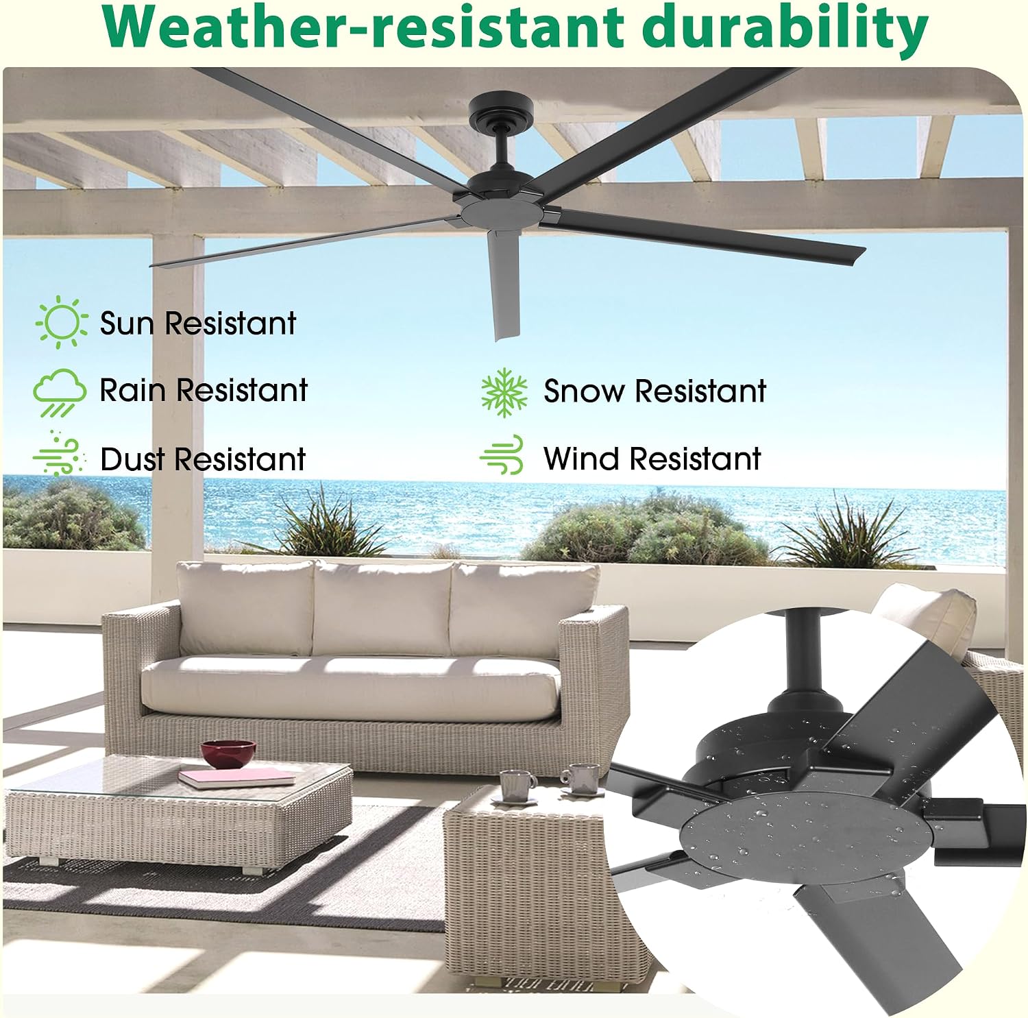 72 Inch Large Outdoor Ceiling Fan for Patios, IPX4 Wet Rated Exterior Ceiling Fan with Remote, All-Aluminum Rust-Proof Body, 6-Speed Quiet Reversible, Ideal for Gazebos, Porch & Living Room
