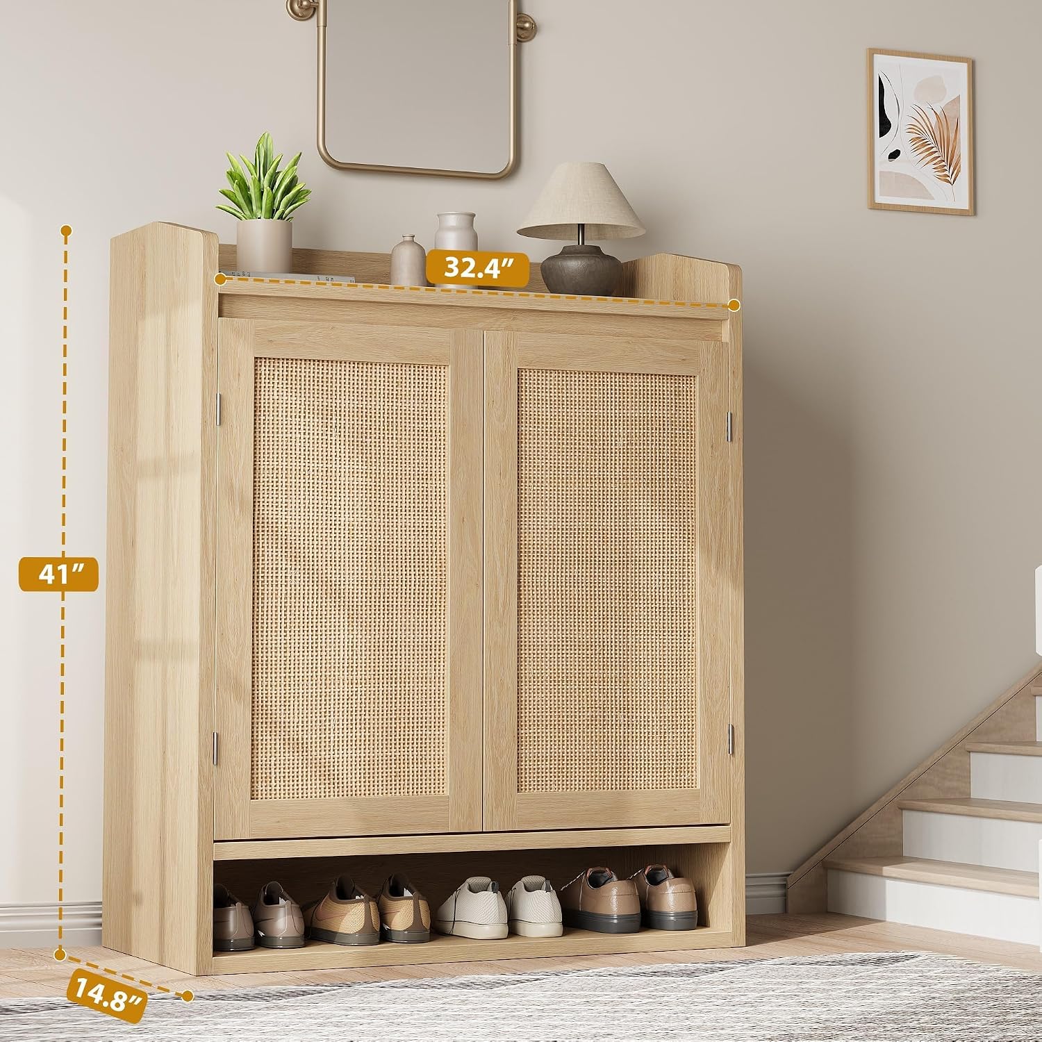 GarveeHome Modern Rattan Shoe Cabinet for Entryway, Natural Oak Wooden Shoe Storage Organizer with Doors, Adjustable Shelves Shoe Rack for Hallway, Bedroom, Living Room
