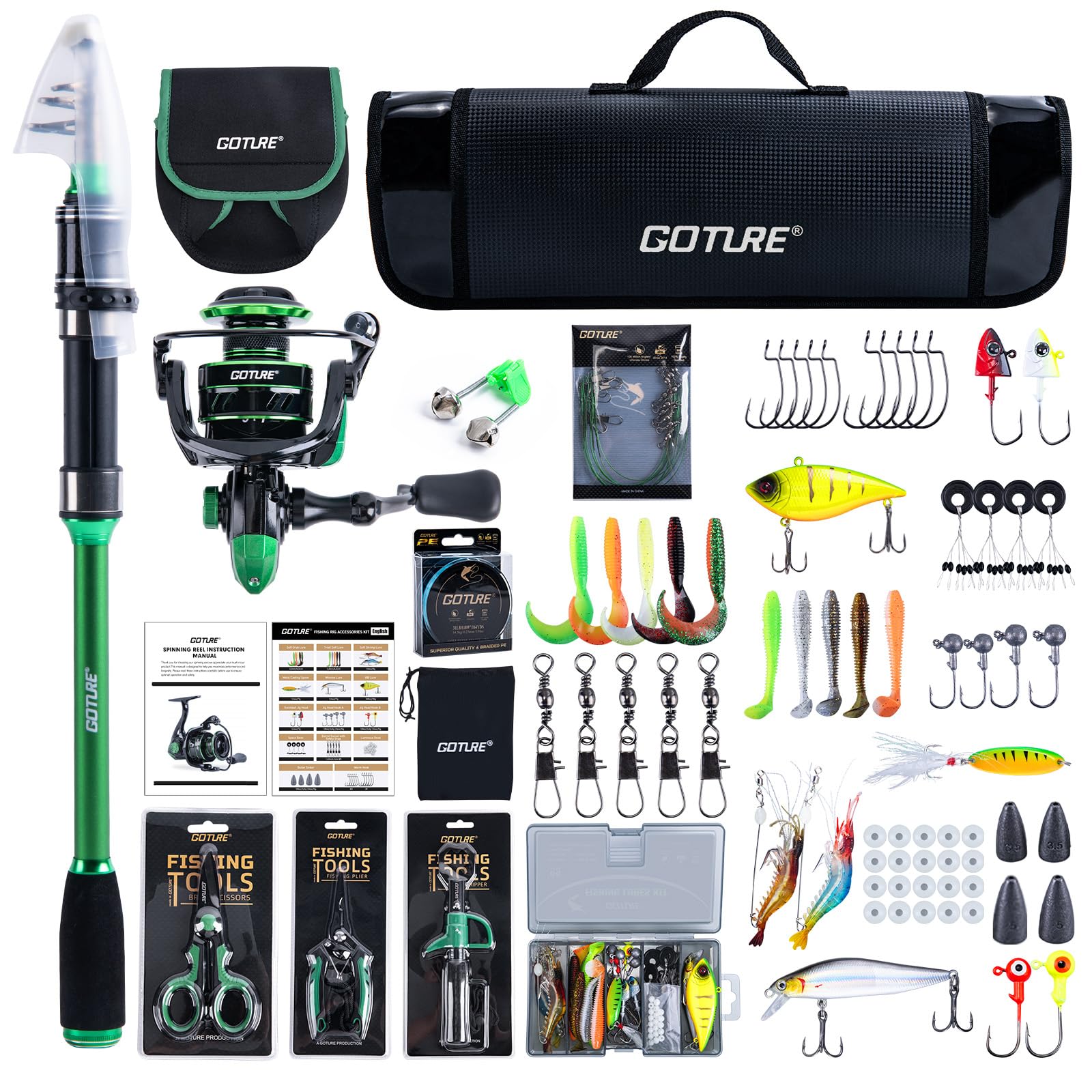 Goture Fishing Rod and Reel Combos with Carrier Bag, Green Telescopic Pole B Spinning Reel Lures Set, Telescopic Fishing Rod Fishing Kit for Travel Saltwater Freshwater 2.1M