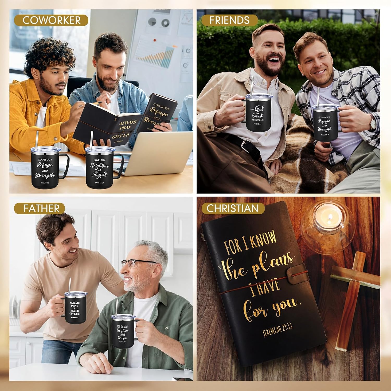 Geiserailie 6 Sets Christian Gifts for Men, Man of God Gift with 17oz Religious Coffee Mugs Keychain Notebook Bottle Opener Greeting Card Inspirational Gifts for Father Church Bible Study Group(Black)