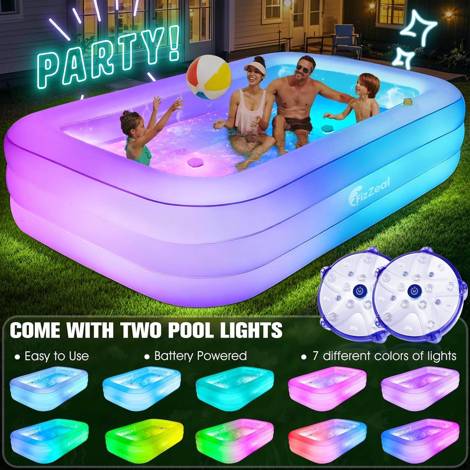 Inflatable Pool with Pool Lights and Seat, Durable Thickened Large Size Family Inflatable Pools for Adults Blow Up Pools,110" x 63" x 20"Swimming Inflatable Kids PooI for Backyard,Outdoor (White)