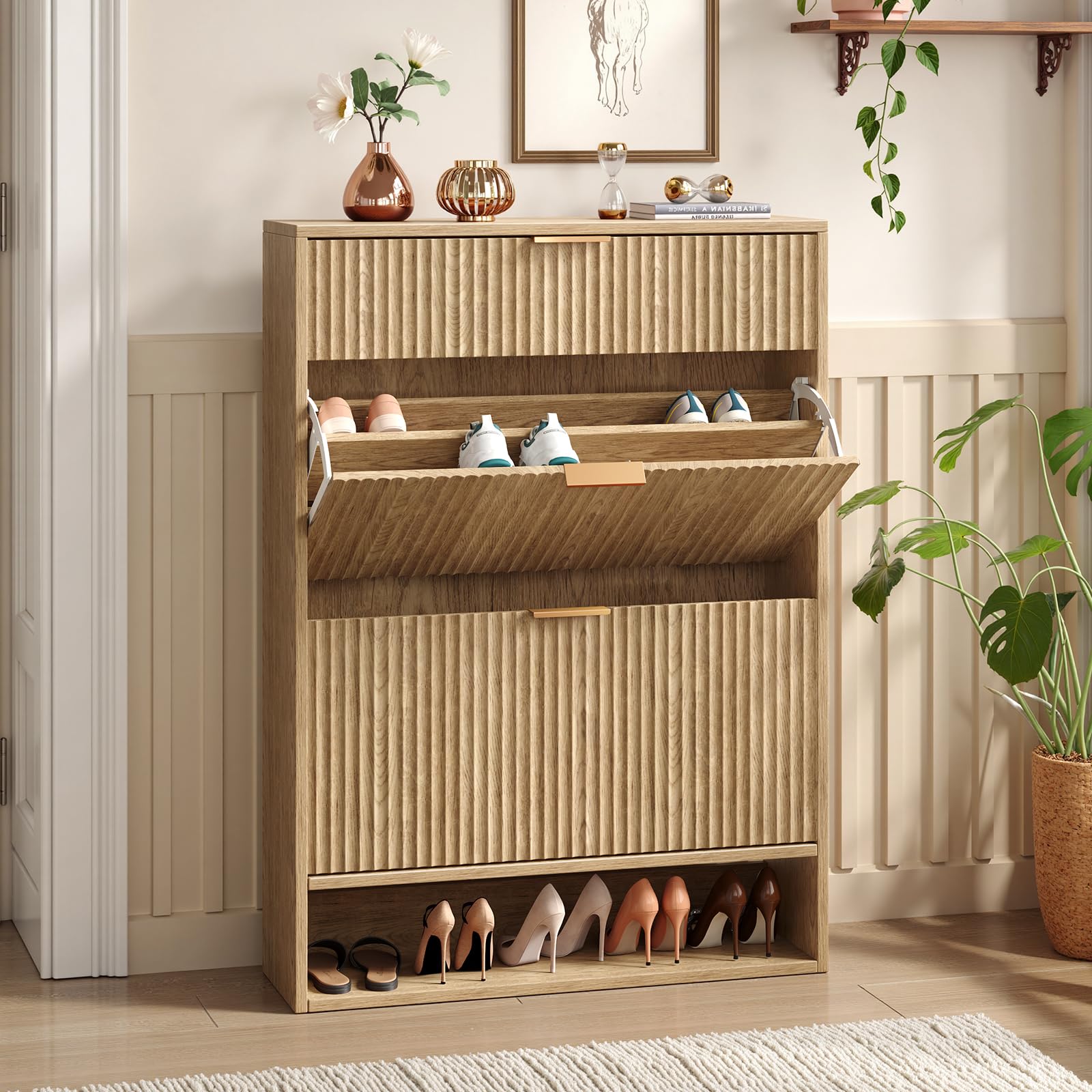 31.5''w oak shoe storage cabinet for entryway with drawers, fluted slim shoe cabinet with 2 flip drawers, narrow shoe dresser cabinet for foyer, hallway