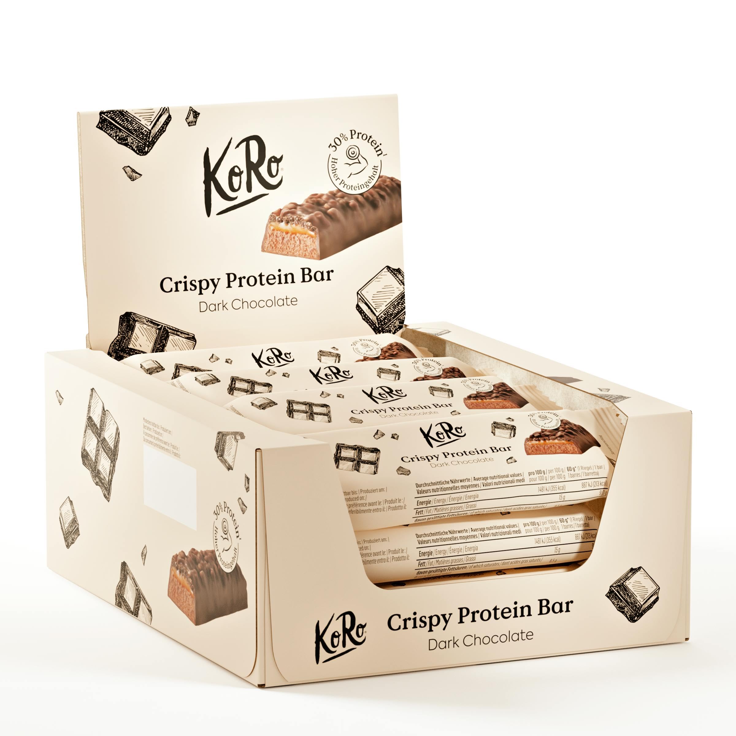 KoRo Barre protéinée crunchy au chocolat noir 60 g Riche en protéines Snack chocolaté
