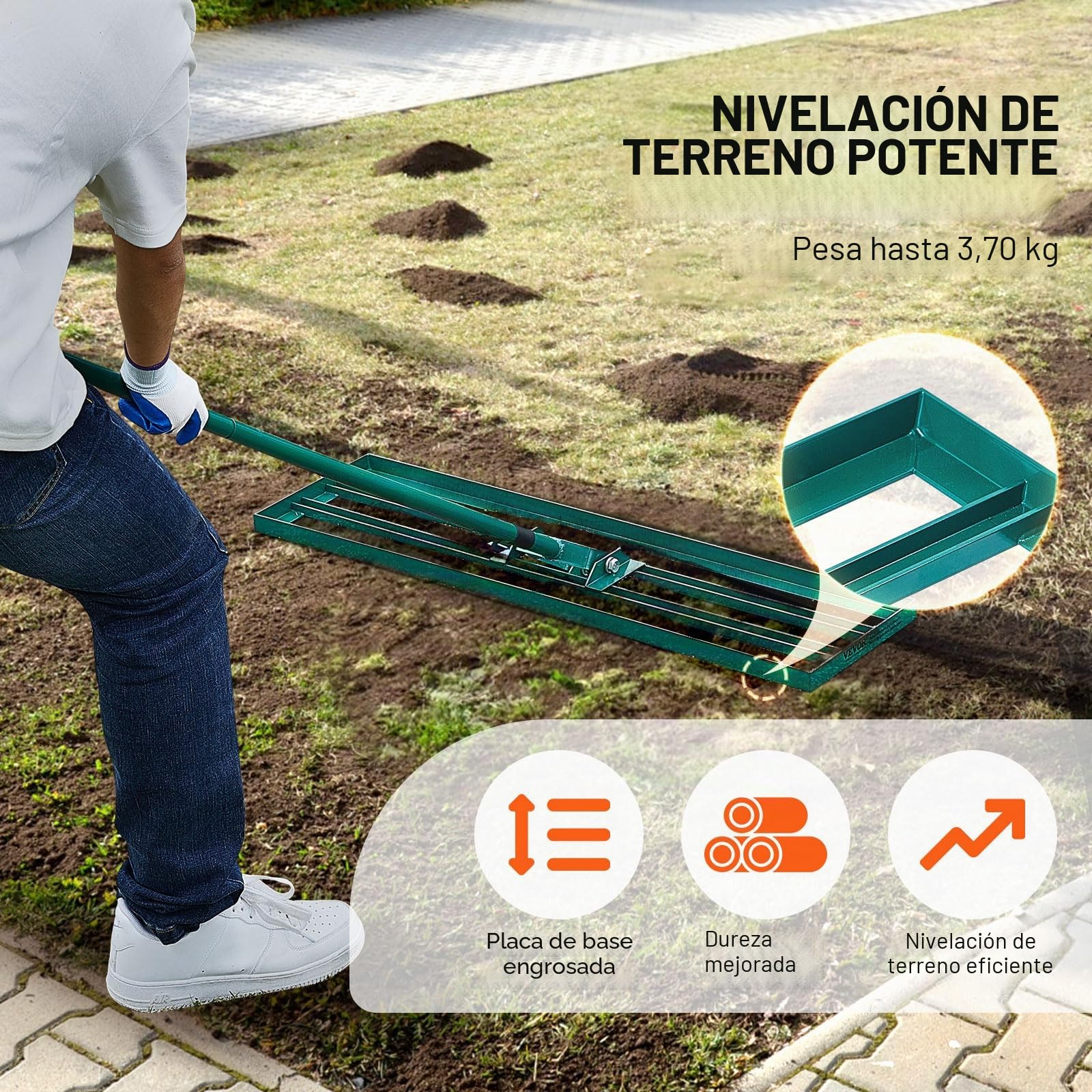 VEVOR Rastrillo Nivelador de Césped de 914x254 mm, Mango de Acero, Placa Base de 1981 mm, Rastrillo Nivelador de Suelo Resistente de Aleación de Aluminio para Césped, Golf, Patio, Campos de Jardín