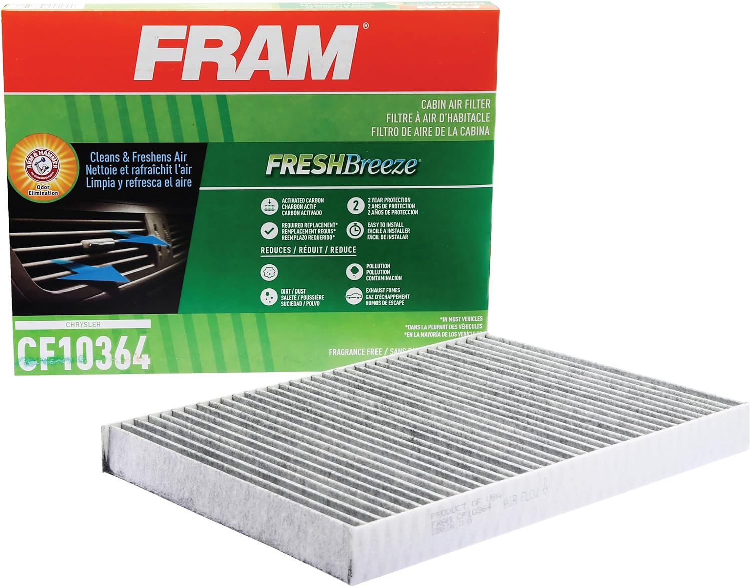FRAM Fresh Breeze Cabin Air Filter Replacement for Car Passenger Compartment w/ Arm and Hammer Baking Soda, Easy Install, CF10364 for Select Chrysler and Dodge Vehicles (Packaging may vary)