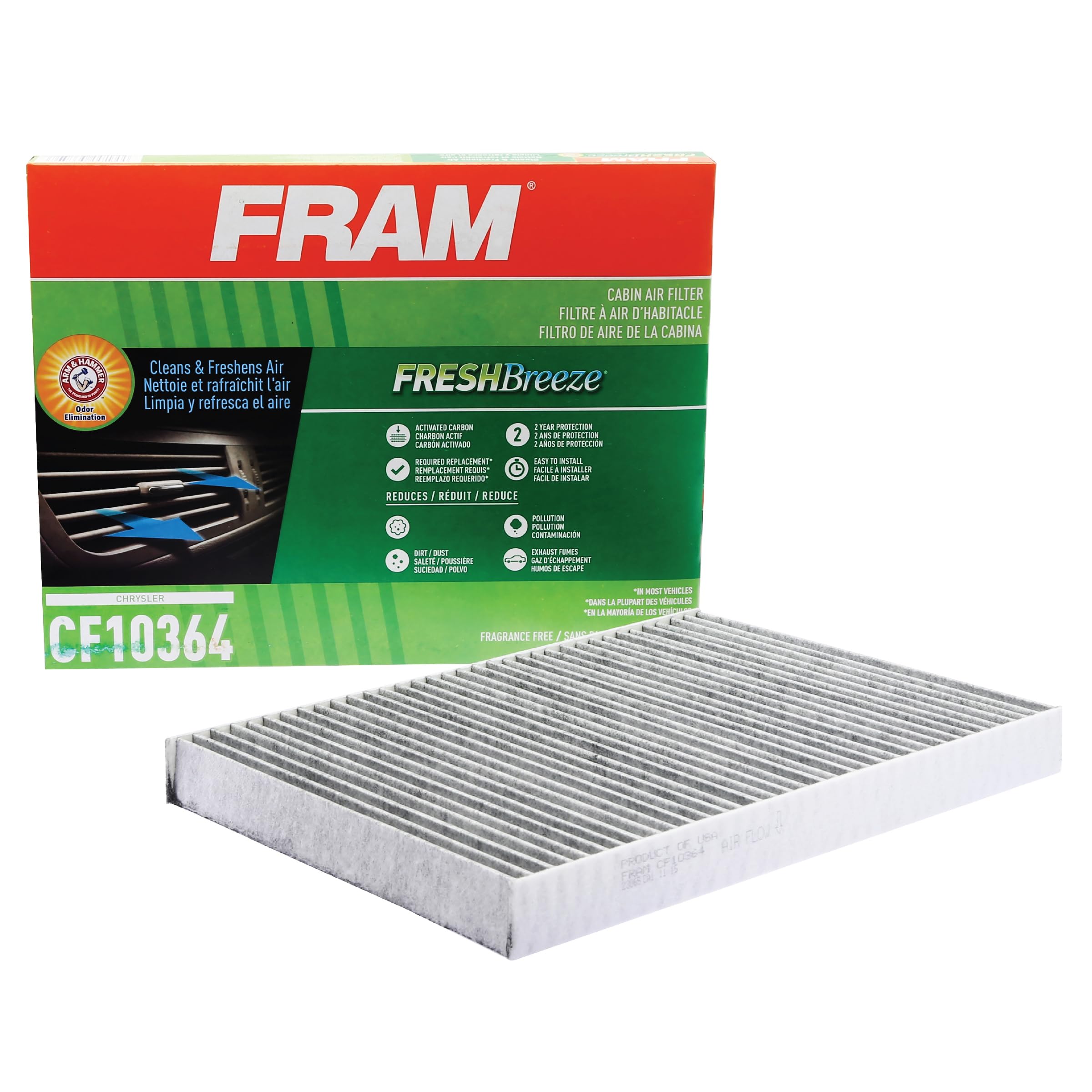 FRAM Fresh Breeze Innenraumfilter Ersatz für Auto-Beifahrerraum mit Arm und Hammer Backpulver, einfache Installation, CF10364 für ausgewählte Chrysler und Dodge Fahrzeuge (Verpackung kann variieren)