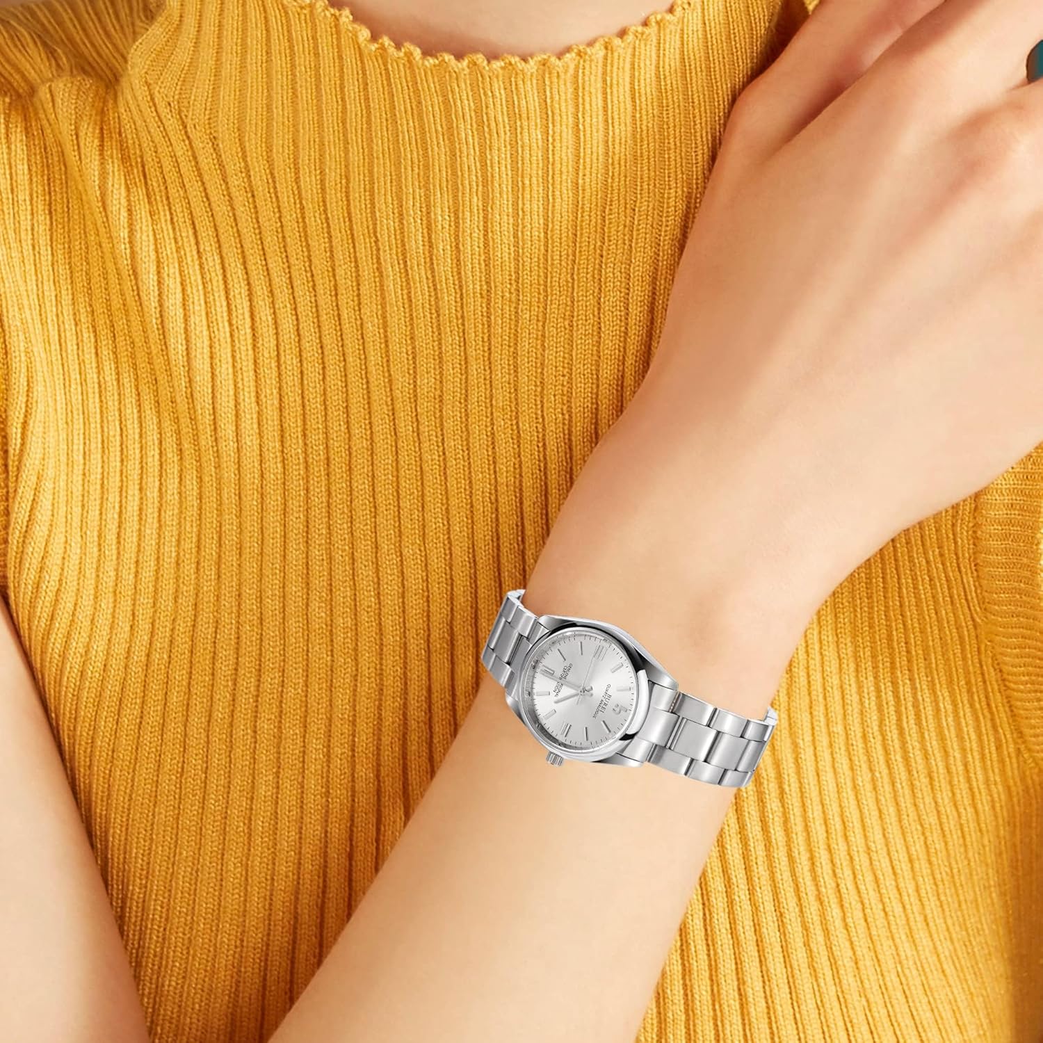 BUREI Womens Classic Quartz Watch, Silver Stainless Steel Band, Round Analog Display, 36mm Water Resistant Business Wristwatch，Ladies' Gifts