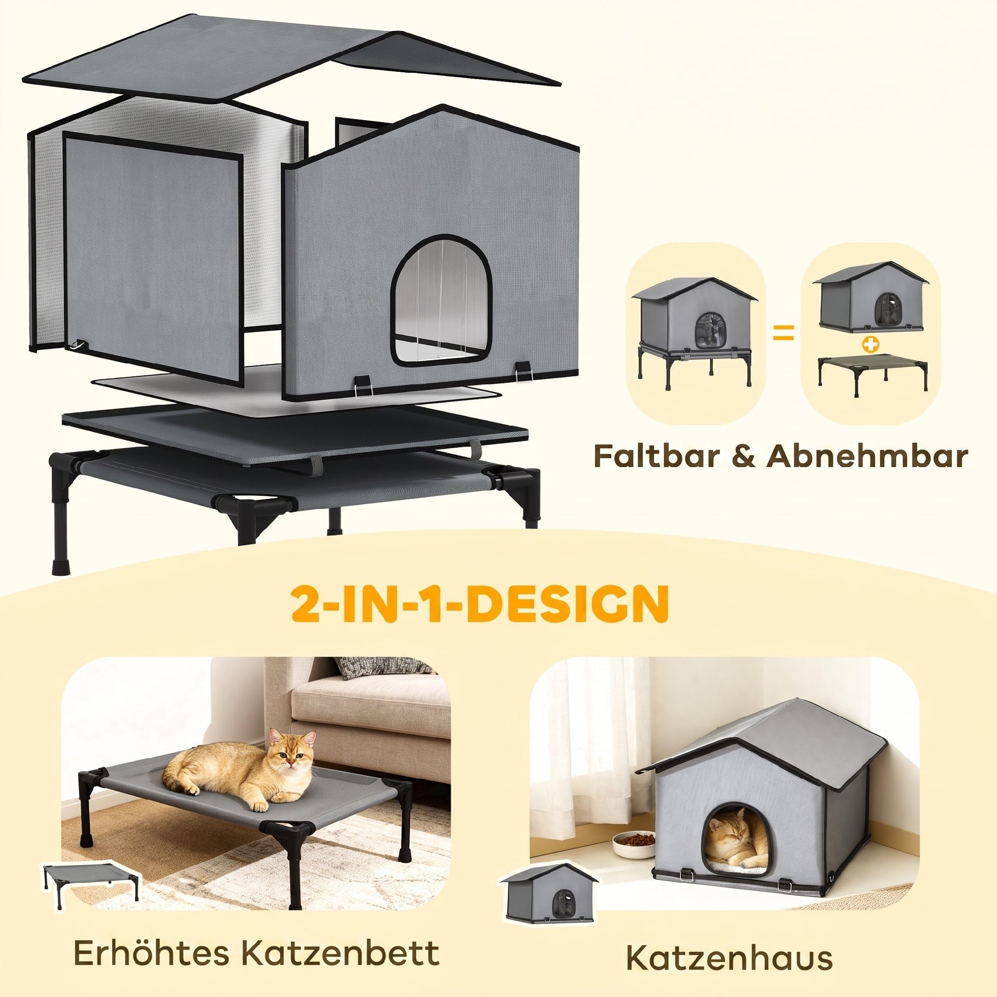 PawHut Katzenhaus Klappbar für Katzen bis zu 5 kg 62 x 58,5 x 60 cm Grau