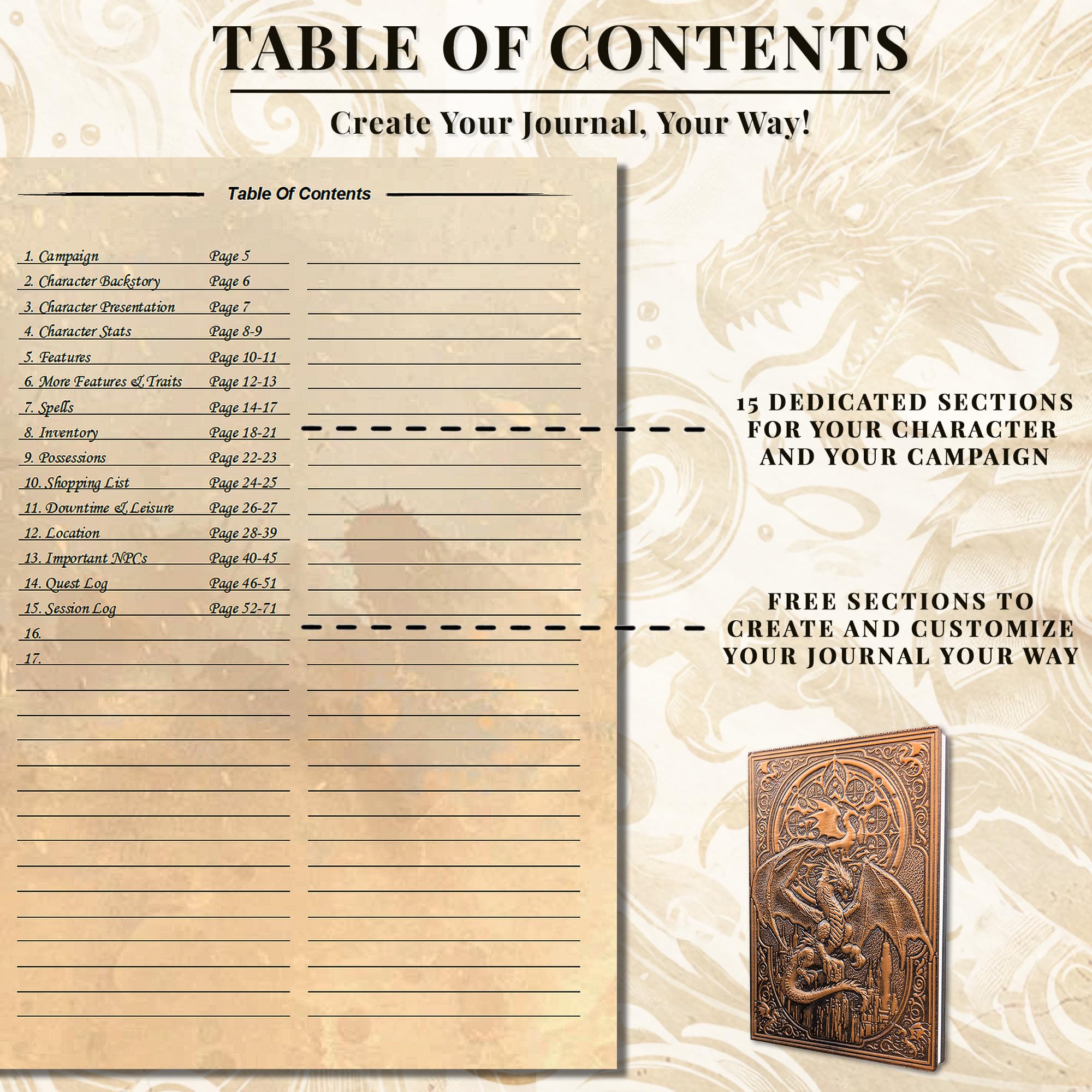 DnD Journal | Taccuino di D&D con copertina rigida in rilievo con drago 3D | Diario dei personaggi DnD e tracker della campagna | 150+ adesivi DnD inclusi | Fogli di personaggi D&D | Regali DND,