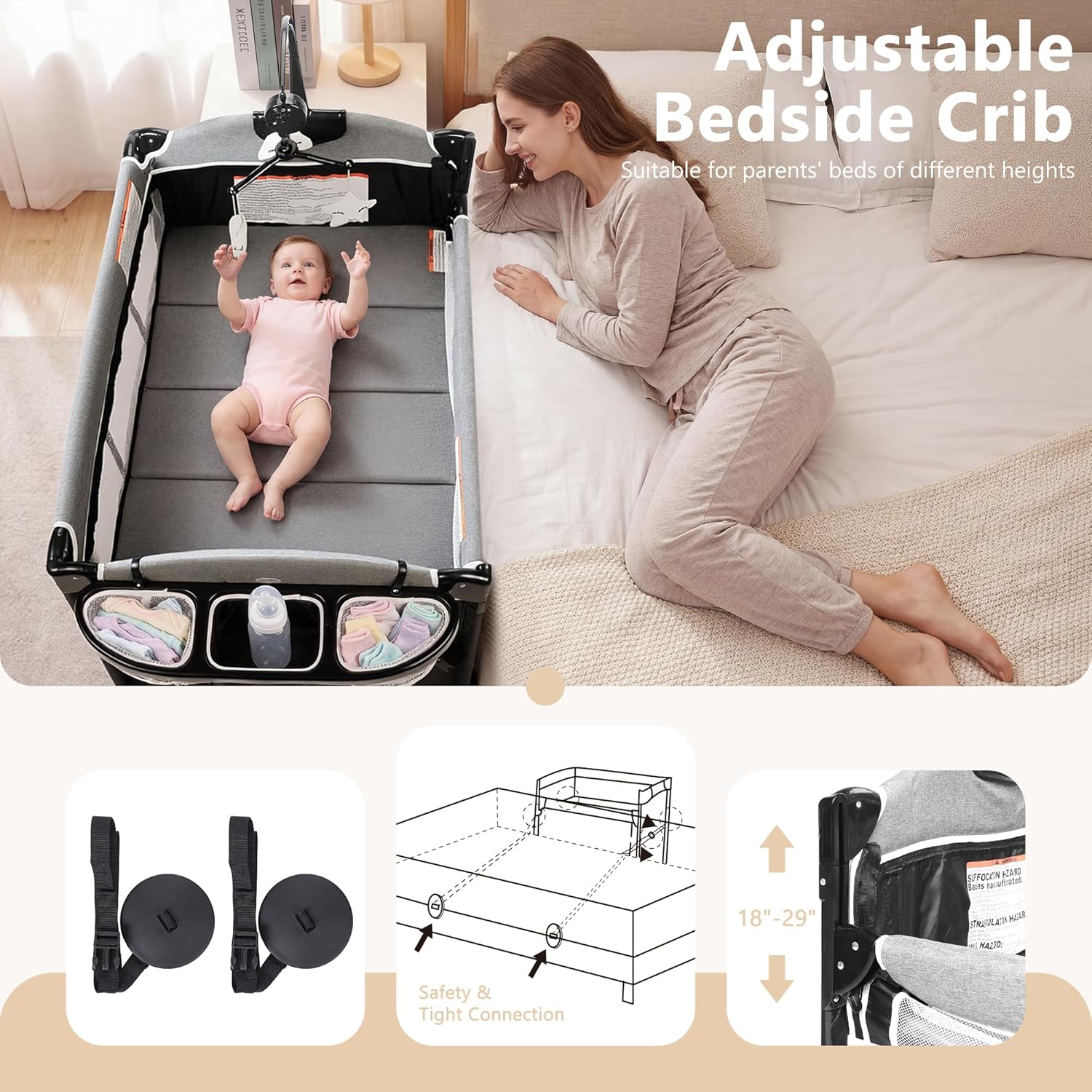 Kinder King 4 in 1 Portable Baby Playard, Foldable Baby Bedside Crib w/Bassinet, Infant Pack and Play Playard Toddler Large Playpen, Newborn Changing Table, Storage Basket, Dark Grey