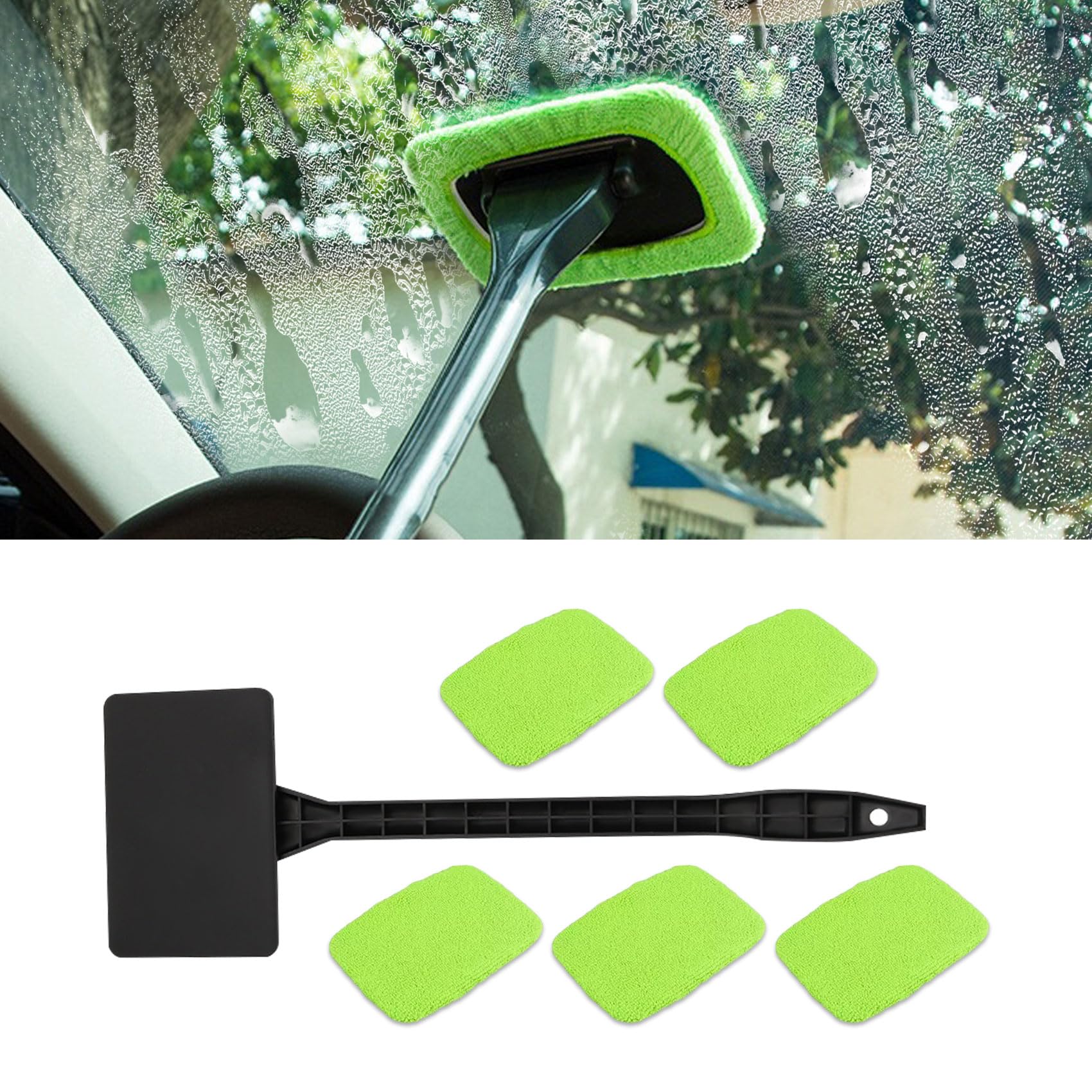 RGOAANC Windshield Cleaning Tool, Windshield Cleaning Wand, Car Window Cleaner with 5 Reusable and Washable Microfiber Pads and Extendable Handle, Auto Inside Glass Wiper Kit for Car Interior