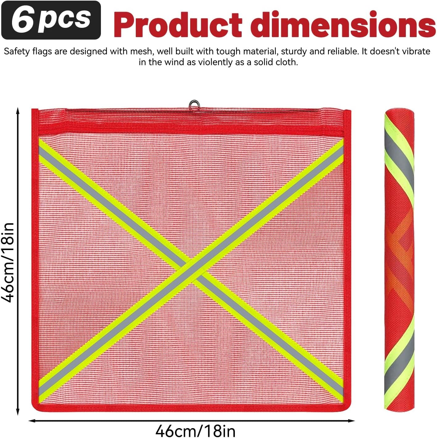 6PCS Red Warning Safety Flags, 18×18in Nylon Mesh High Visibility Reflective Flag with Wire Hook, Oversize Load Flags for Trucks, Trailers, RVs and Boats