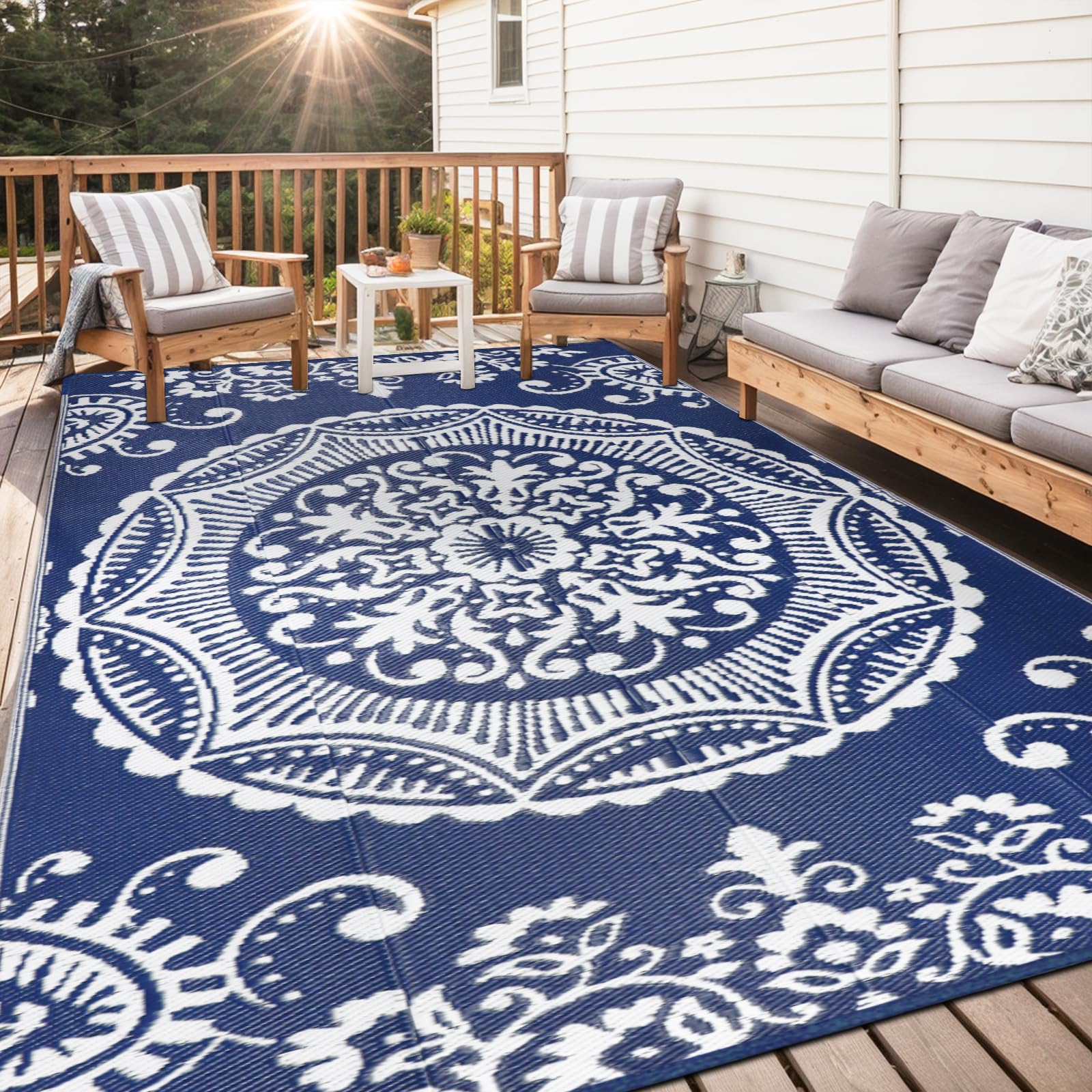 Capslpad Tappeto da campeggio per esterni, 20 x 25 cm, blu, impermeabile, in plastica, reversibile, bohémien, floreale, balcone, pieghevole, con borsa per il trasporto, per patio, panchina, picnic,