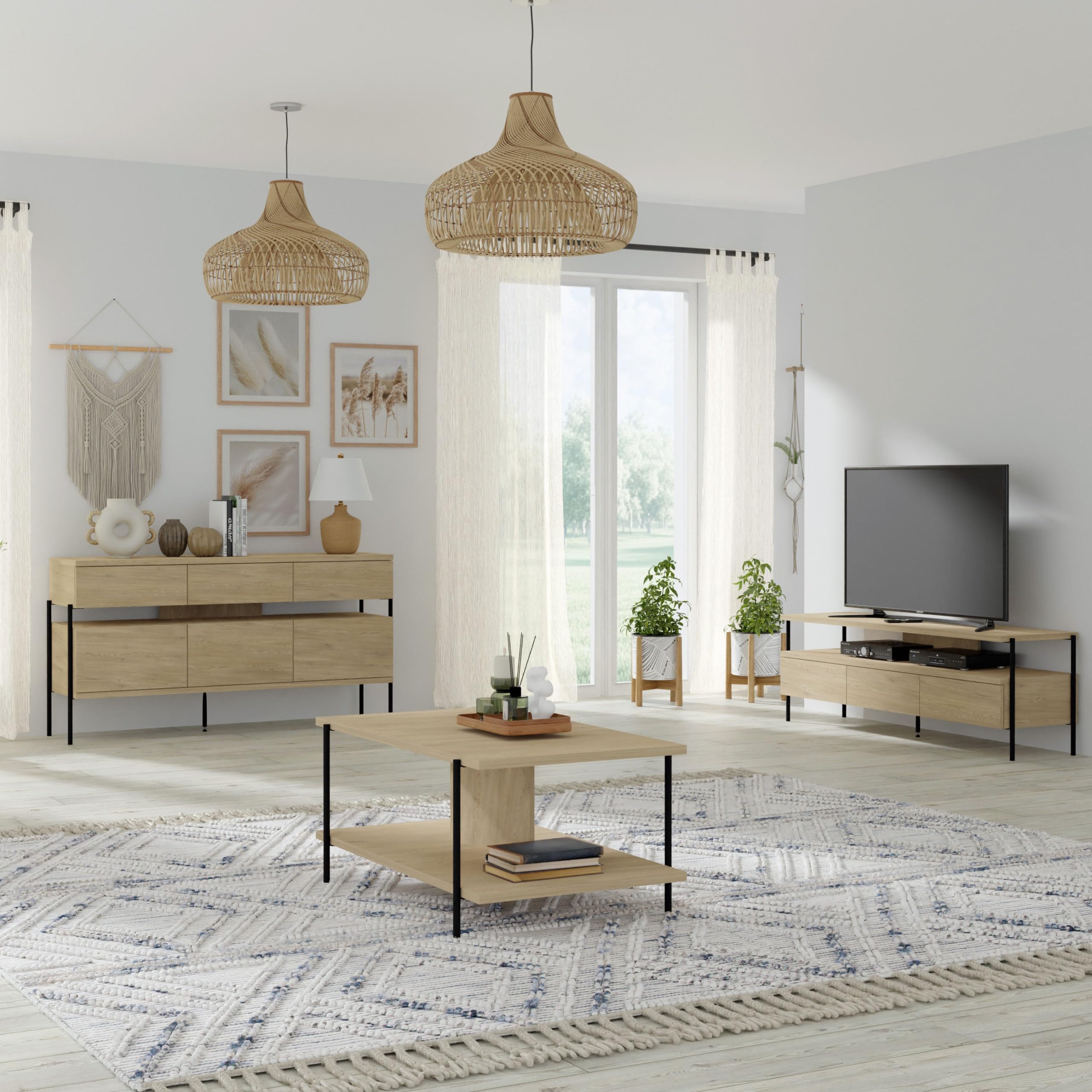 Komoda Dragonfly 150 cm 3D3S – dąb cremona, czarne metalowe nogi, nowoczesna komoda do salonu i sypialni, pojemna szafka z szufladami i półkami, styl loft industrialny