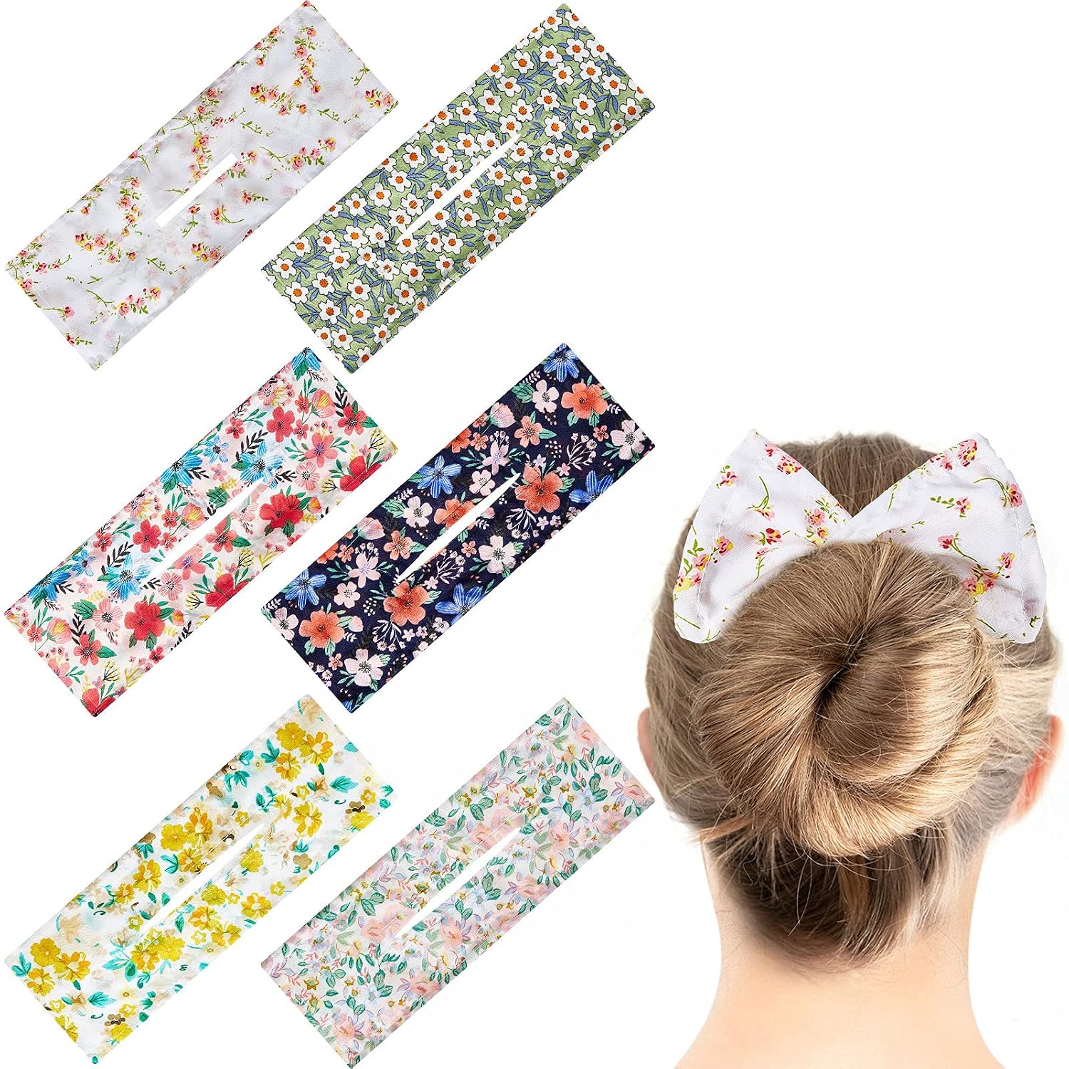 6 Piece Deft Bun Hair Bun Maker Multicolor Cloth French Hairstyle Bun Shaper French Hairstyle Donut Bun Maker Flexible Reusable Bun Twister for Women Girl Hair Accessory (Floral Pattern)