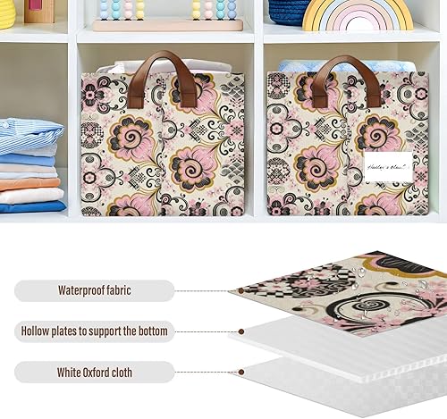 Miniatura 6 de Japanese Style Paisley Pink Flower Black Foldable Baskets Fabric Storage Bins with Handles Laundry Storage Bedroom Living Room for Makeup Books