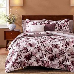 CASAAGUSTO Full Comforter Set, 7 PCS Purple Willow Leaf Floral Comforter Set with Flowers Leaves Pattern, Soft Seersucker Design All Season Full Size Bedding Set(80"X90")