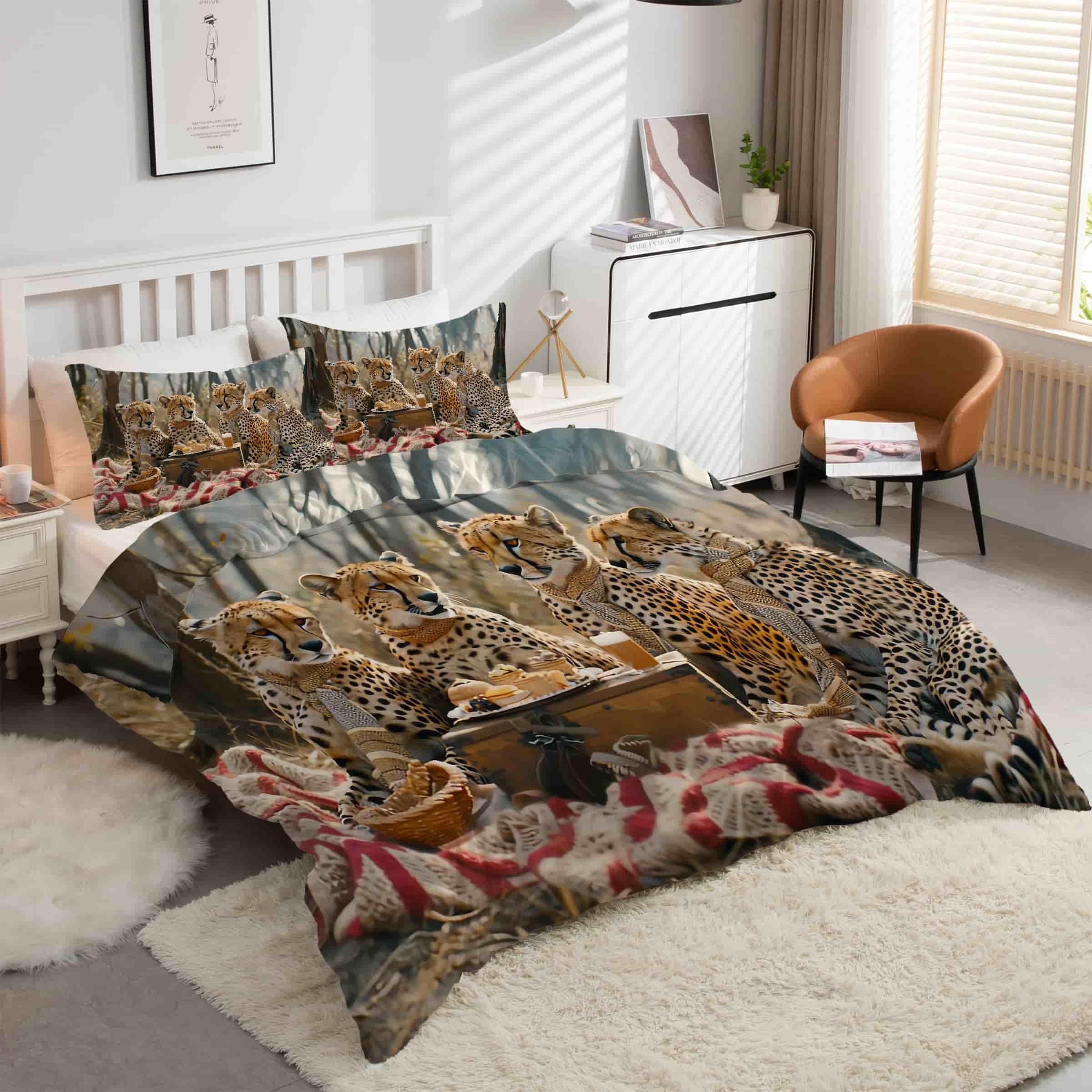 Housse de couette panthère animaux 160x200 anti-plis avec fermeture éclair pratique