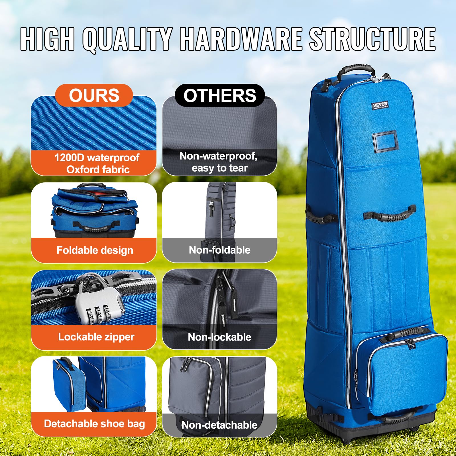 VEVOR Bolsa de Viaje Enrollable para Palos de Golf Bolsa de Carrito Portátil 6 Ruedas Impermeable Resistente al Desgaste 1200D Poliéster Oxford Bolsa de Almacenamiento para Palos de Golf, Azul