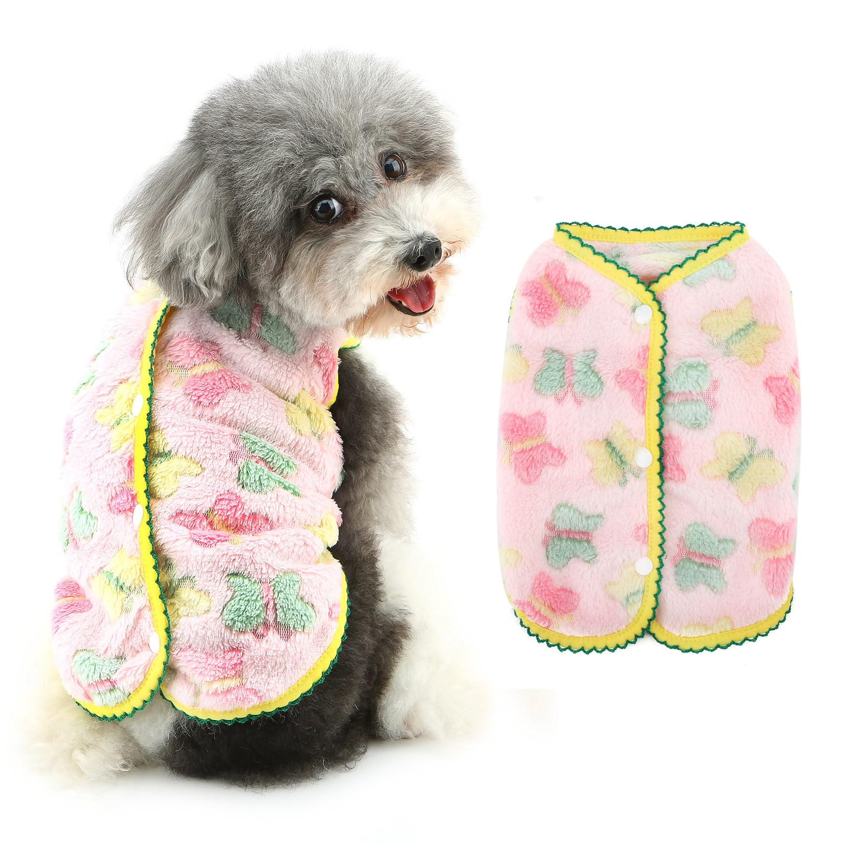 Ranphy Cute Jacquard Butterflies Pet Fleece Vest for Small Dog Puppy Sleeveless Jumper Back Button Down Yorkie Chihuahua Fall Winter Clothes Cat Clothing,Pink,S