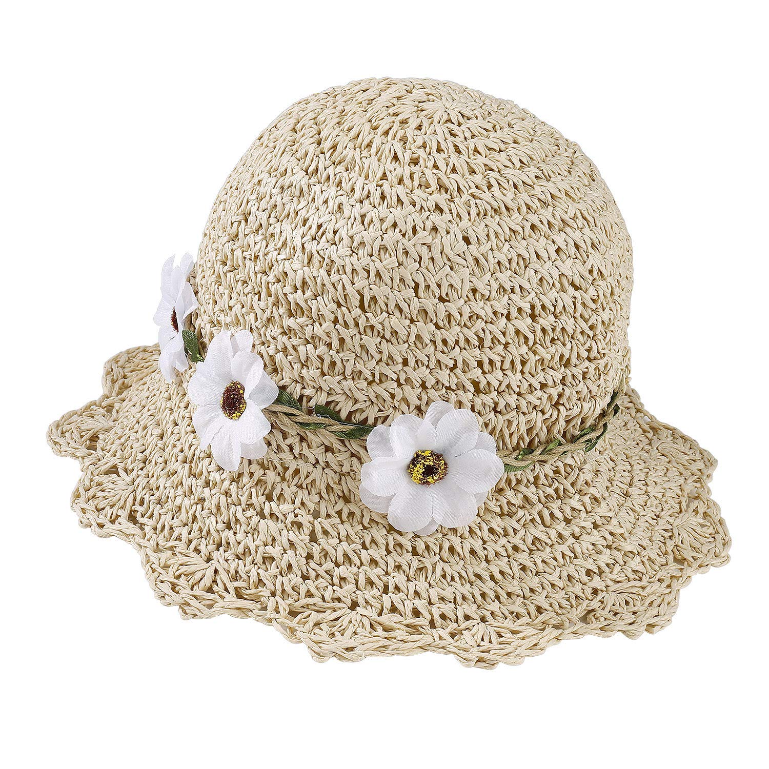 MaoXinTek Sombrero de Paja Niñas Anti UV Gorra de Sol Chica de Playa con Flores para Viaje Beach Piscina al Aire Libre 50-52cm