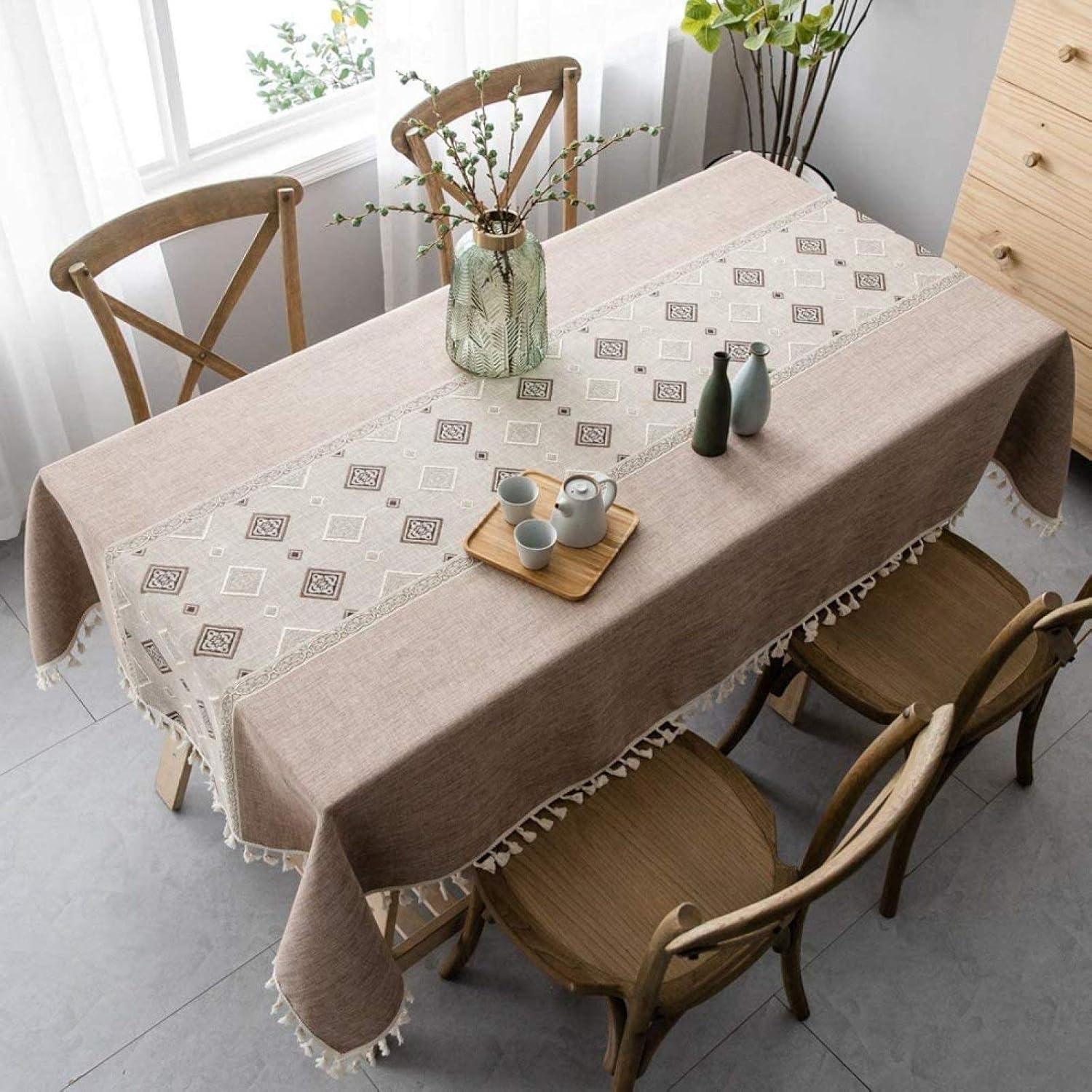 エレガントな中国のプリントテーブルクロス、リネンで洗えるディナータッセルテーブルクロスで覆われたテーブルクロス、ホームパーティーのテ