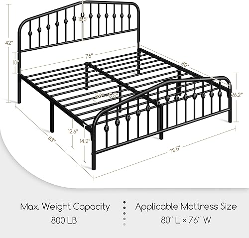 Miniatura 2 de Yaheetech Marco de cama de metal tamaño King con cabecera de estilo victoriano, estribo, fácil montaje, no necesita somier, color negro