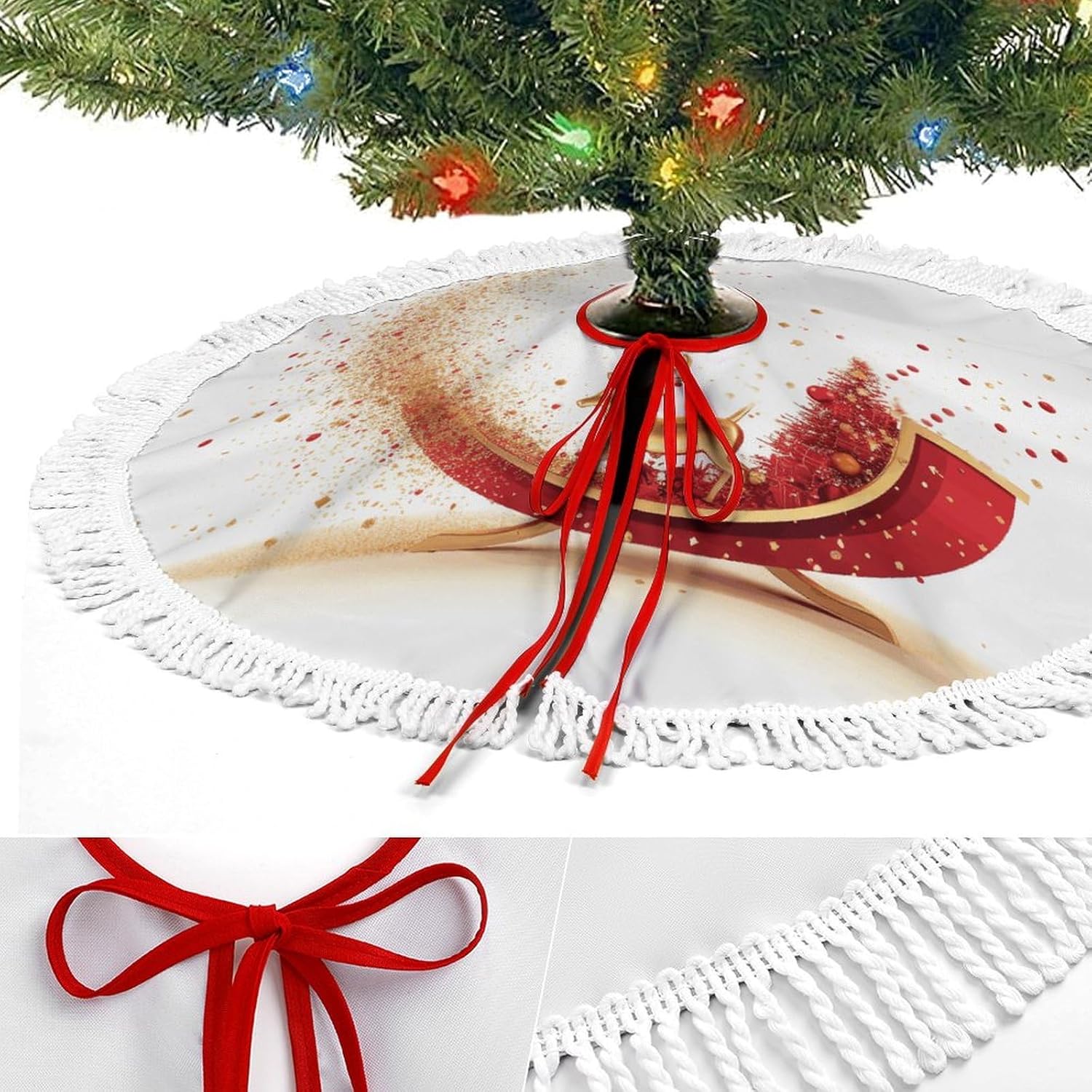 Sled Printed Christmas Tree Skirt 48 Inch Tree Skirt Christmas Tree Collar Christmas Tree Decorations Winter Xmas Tree Mat