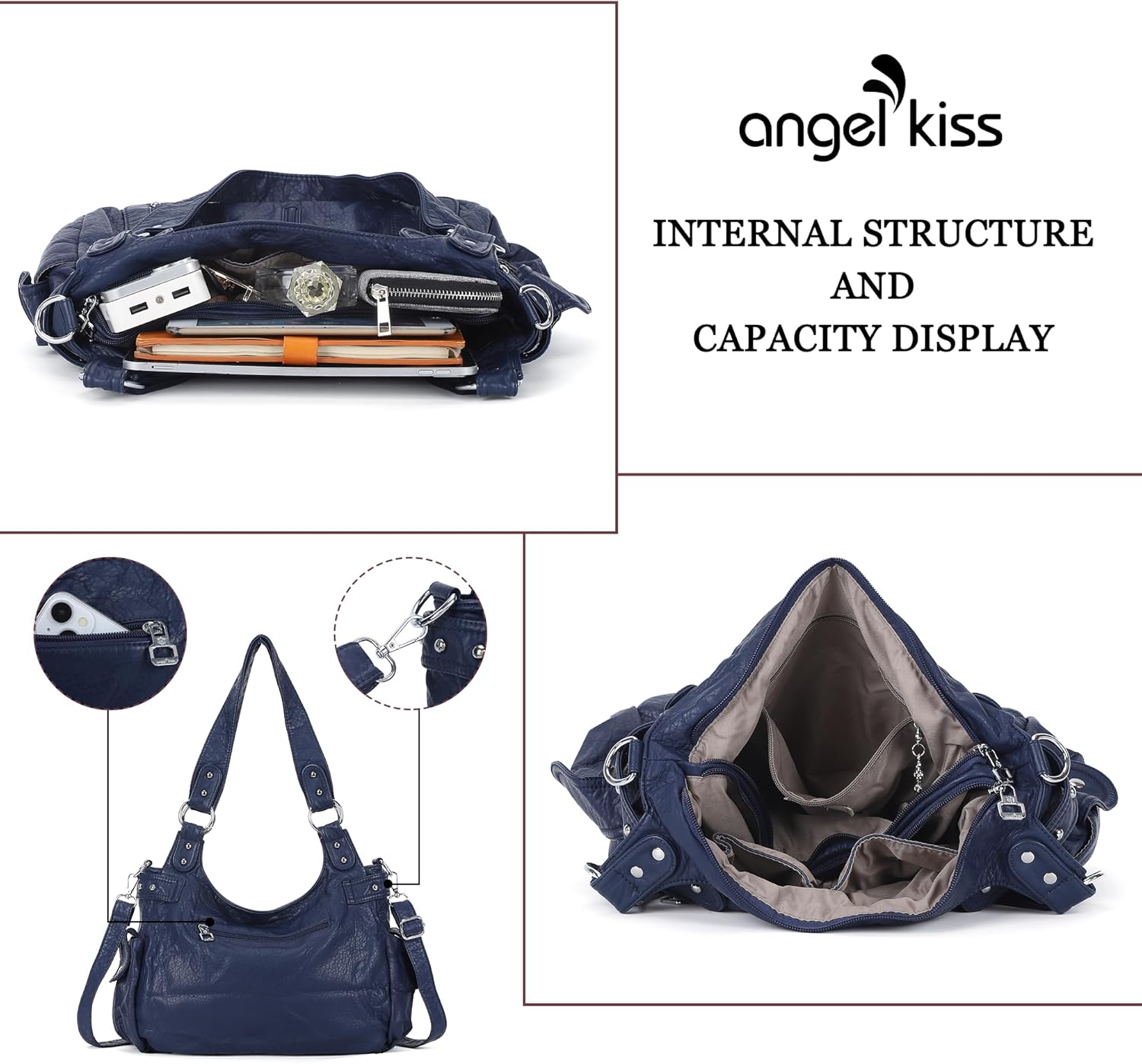 Angel Kiss Large Purses and Handbags for Women Washed Faux Leather Crossbody Hobo Satchel Shoulder Handbag Tote Purse - Image 3