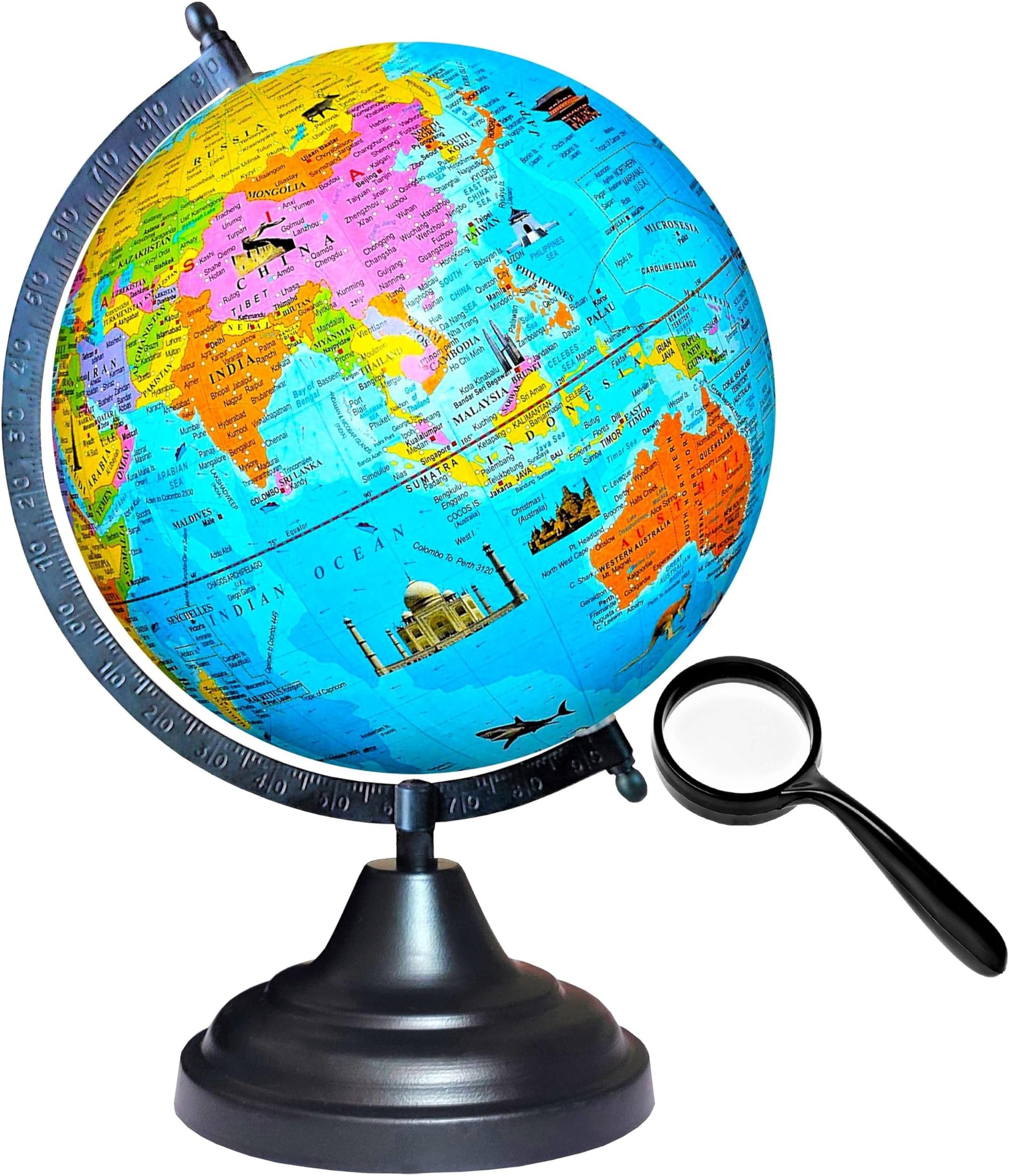 Globe 12 Inch Height, 8 Inch Diameter (Medium Size) and 50 mm Magnifying Glass, Metallic Black Arc Base, Multicolor Map with Monuments, Blue Ocean for Kids School College Home Offices (Blue B Monuments+L50 8-9)