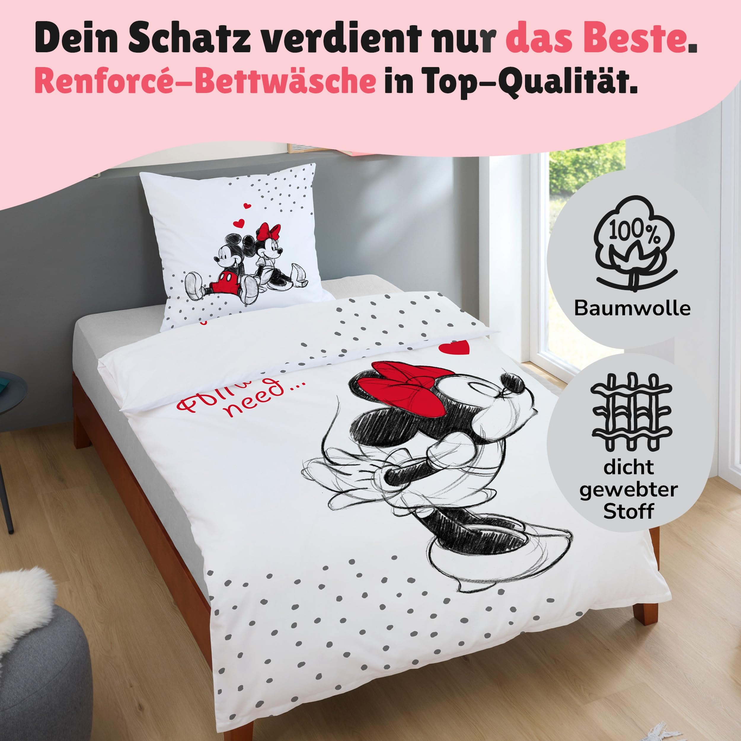 Familando – Mickey & Minnie Partner Bettwäsche-Set (4-teilig) – 2X Decken- & 2X Kissenbezug 135x200 cm & 80x80 cm mit Reißverschluss – 100% Baumwolle Renforcé – Wendemotiv – Öko-TEX Zertifiziert