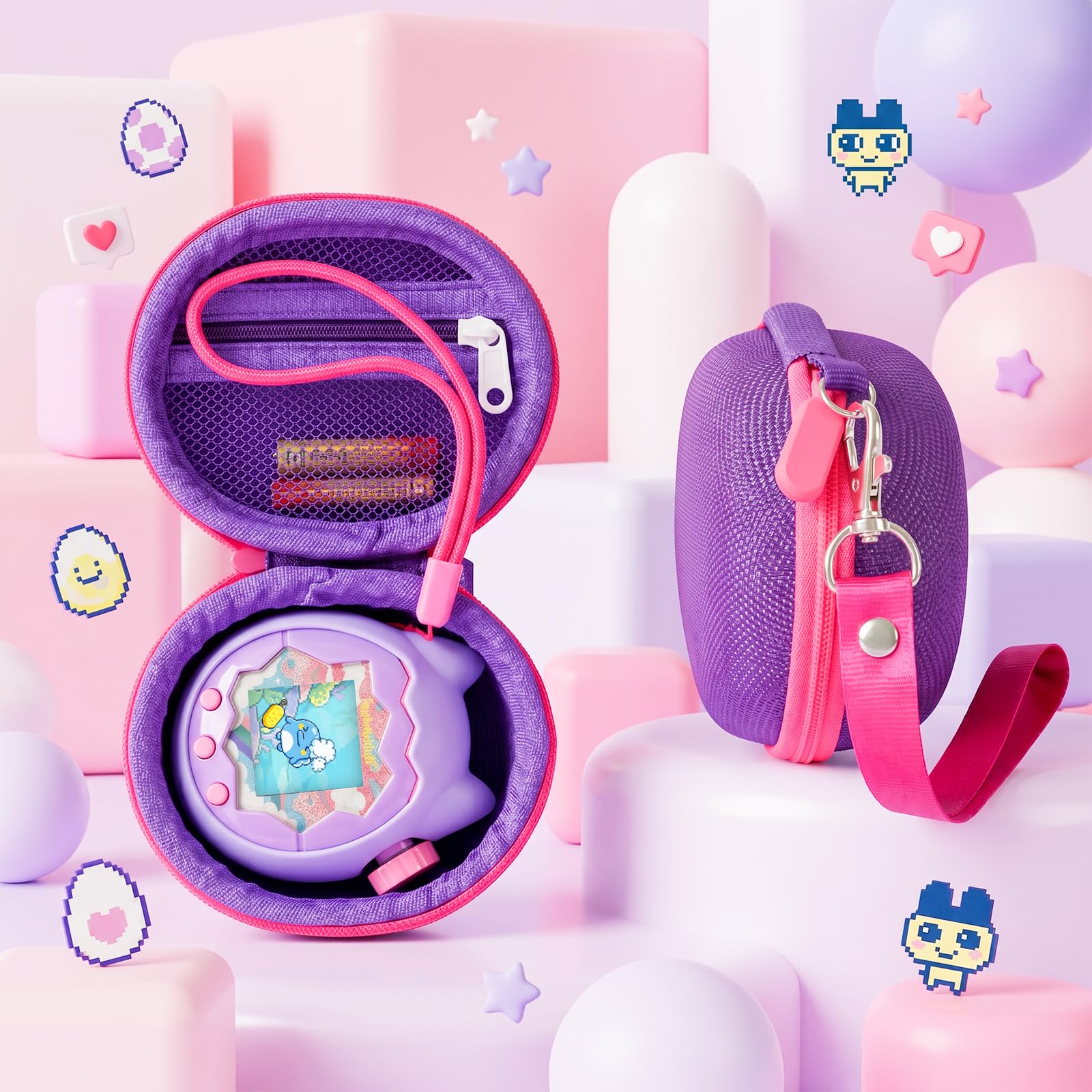 Silikon Hülle und Hartschalenkoffer kompatibel mit Tamagotchi Paradise Virtuelles Haustierspielzeug, Schutzhülle für Tamagotchi Paradise mit Handschlaufe, Bildschirmschutz und Umhängeband (Lila)