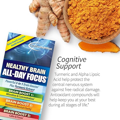 Miniatura 5 de Applied Nutrition Healthy Brain All Day Focus - 50 tabletas, paquete de 2 - Potente refuerzo cerebral 3 en 1 con extracto de cúrcuma - 50 porciones