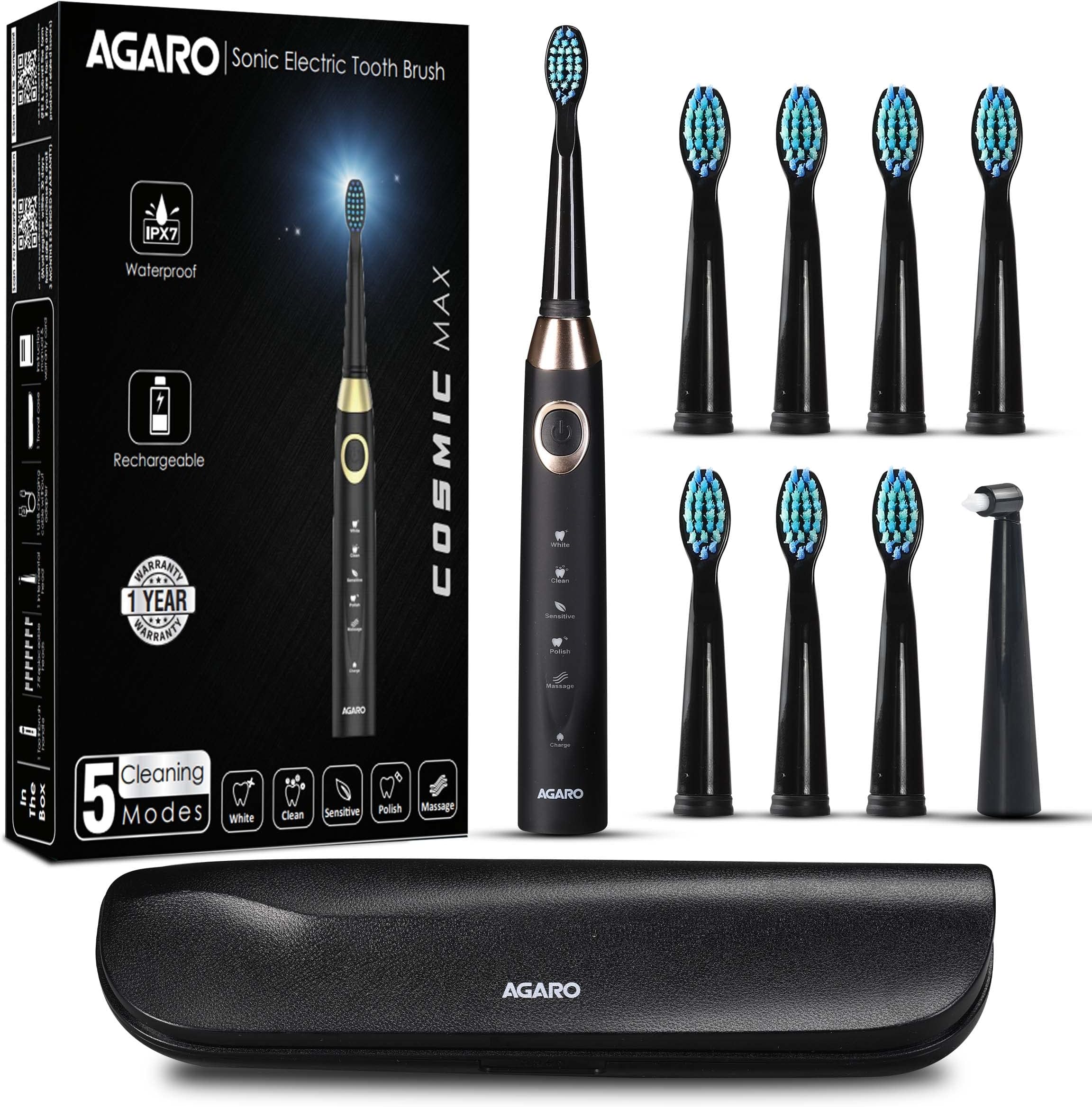 AGARO COSMIC MAX Sonic Electric tooth brush for adults with 5 modes, 7 brush heads, 1 Interdental head and rechargeable with 4 hours charge lasting up to 25 days (Black)