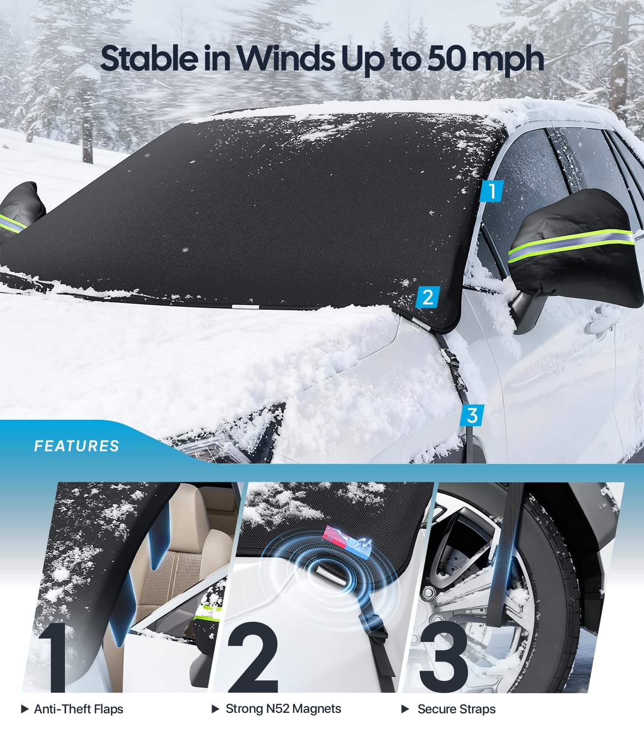 Wigoo 2026 Upgrade Car Windshield Cover for Ice and Snow Windshield Snow Cover for Winter Snow Frost 600D — view 3