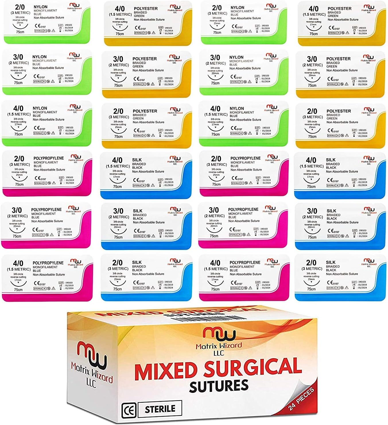 Sutures Thread with Needle (24 Mixed 2/0, 3/0, 4/0) - Practicing Suturing; Taxidermy; Military Tactical Drill, Hospital Clinic Rotation, Camping First Aid Travel Safety; MD, RN, EMT, Vet Demo