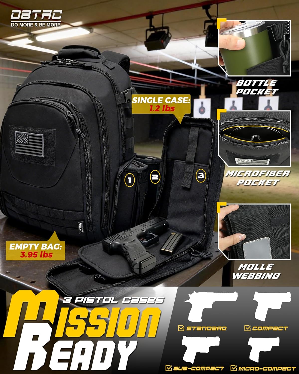 DBTAC Tactical Range Pistol Backpack for Gun and Ammo with 3x Stiffen Pistol Cases