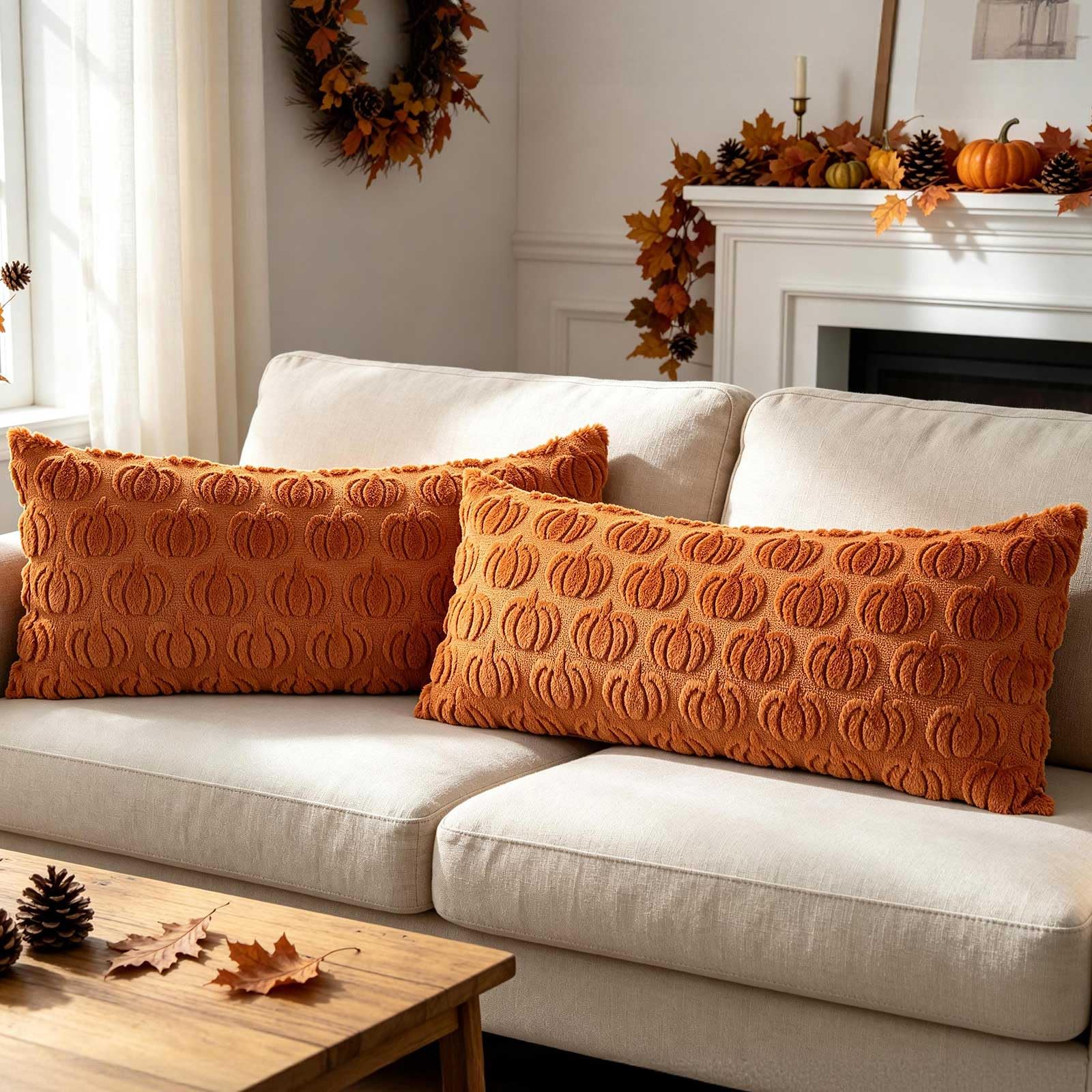 Benjia Fall 16x24 Cushion Covers Set of 2, Lumbar Cushion Case Autumn Pumpkin Throw Pillow Cases Soft Plush Faux Fur Wool Decorative Throw Pillow Covers 40x60cm for Couch Sofa Autumn Decor (Rust Red)