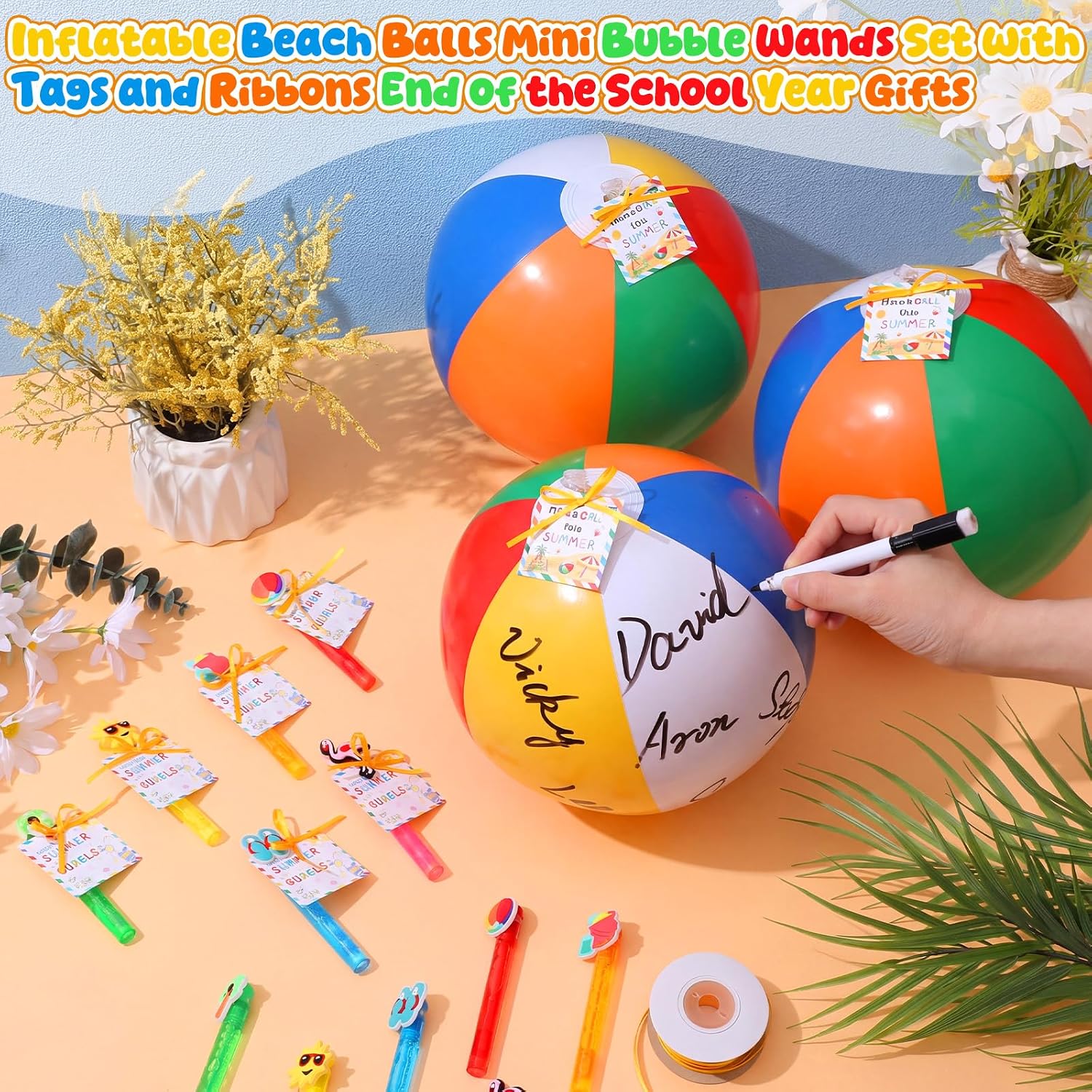 Lunmon 96 Pcs End of Year Gifts for Students Bulk Inflatable Beach Balls Mini Bubble Wand with Tags and Ribbons, Kids Summer Gift Bulk Pool Goody Bag Beach Favor Decoration Hawaiian Party Supply