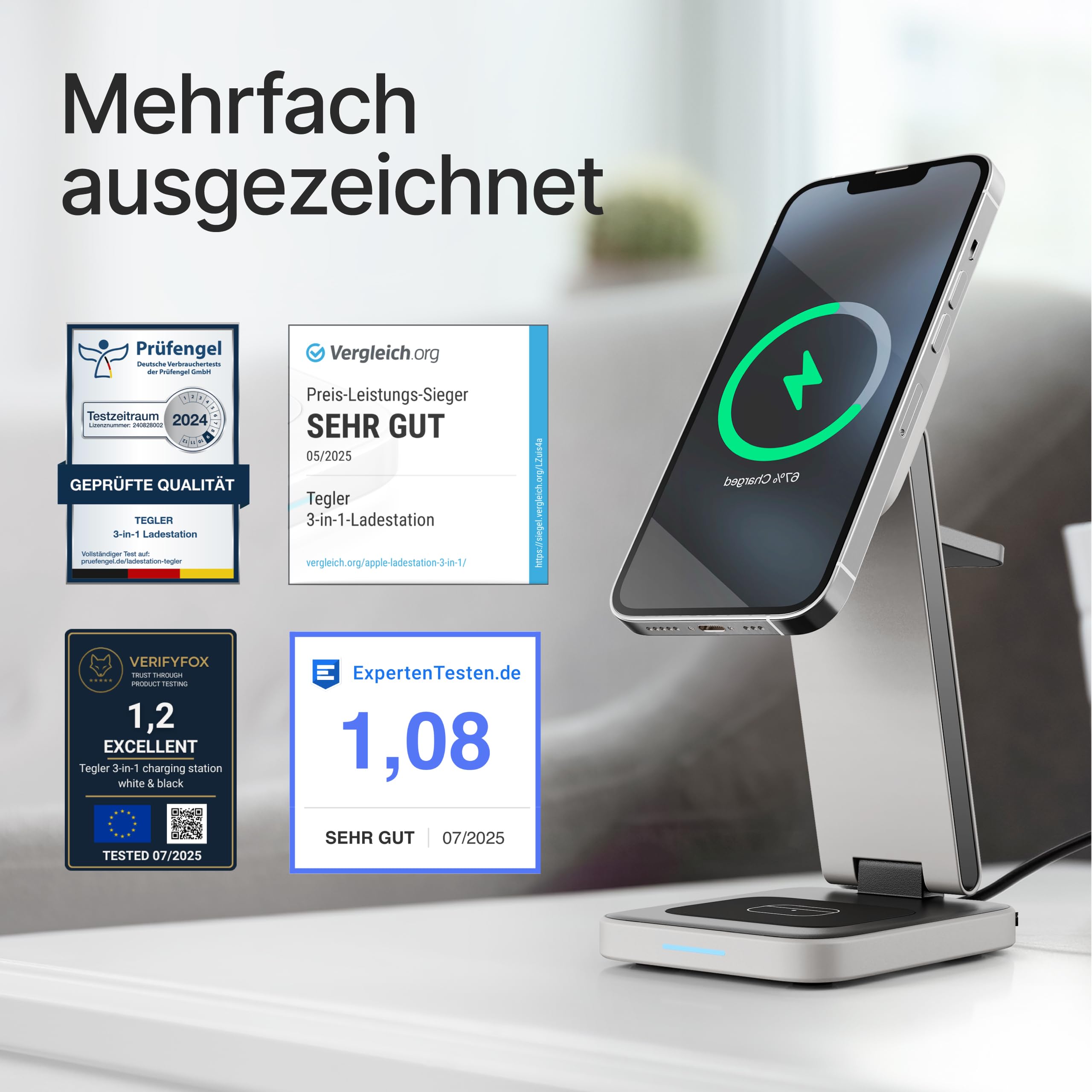 Aluminium Ladegerät – Ladestation Apple Watch und iPhone kompatibel, iPhone Ladestation, Apple Ladestation, inkl. 20W Adapter & USB-C-Kabel