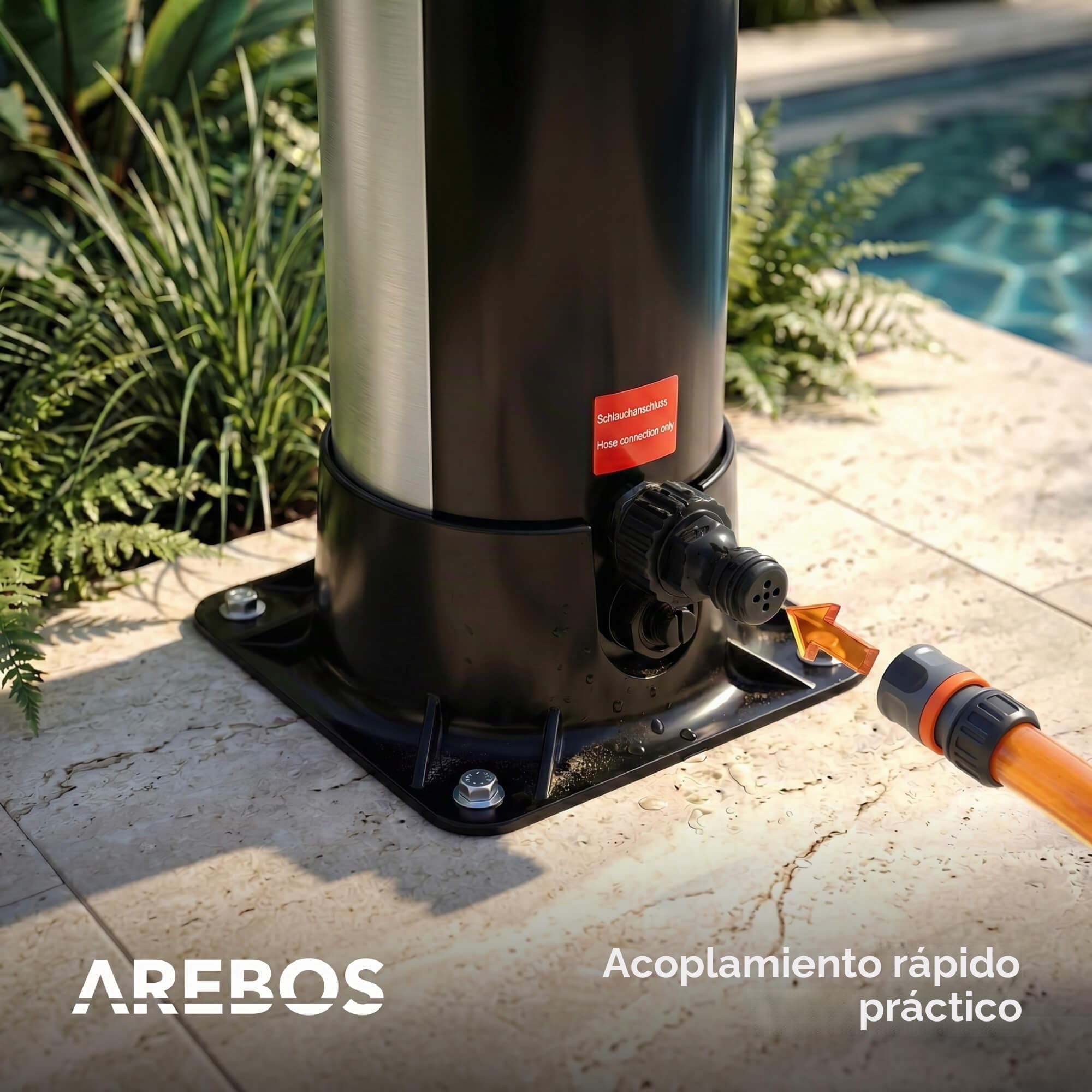 Arebos Ducha Solar de 40 L, con termómetro Integrado, Ducha de Mano, Cabezal de Ducha Giratorio, con Ducha de pies y conexión de Manguera de jardín, Incluye Material de Montaje y Cubierta