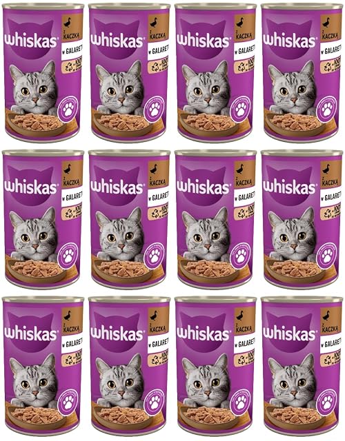 Whiskas Comida húmeda para gatos Adult 1+ con pato en gelatina, 12 latas (12 x 400 g)