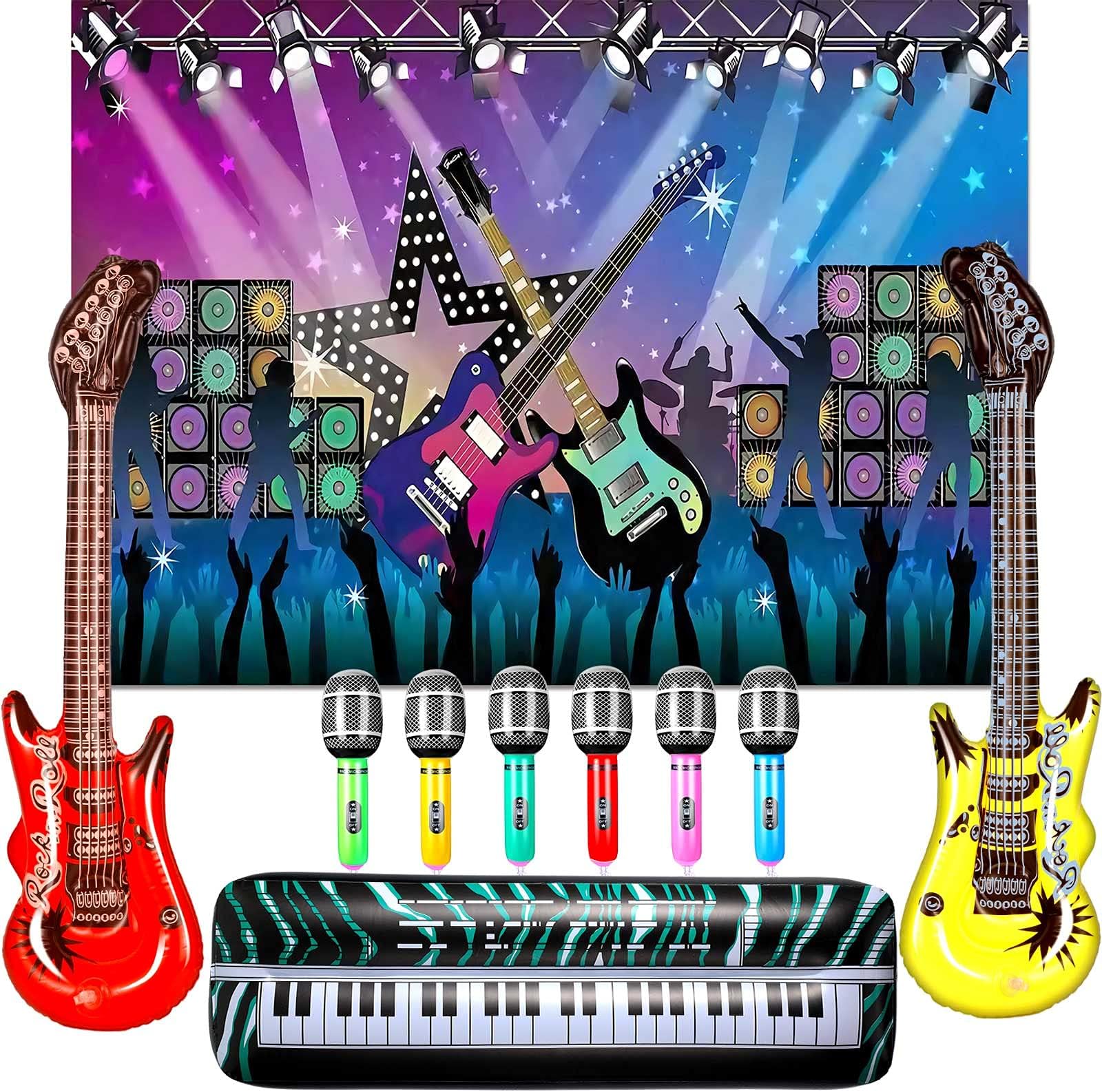BBTO Inflatable Rock Star Set 80s 90s Party Decorations Blow up Party Props Musical Instrument Include Inflatable Backdrop Banner, Microphone, Guitar, Bass and Keyboard for Rock Party Favor